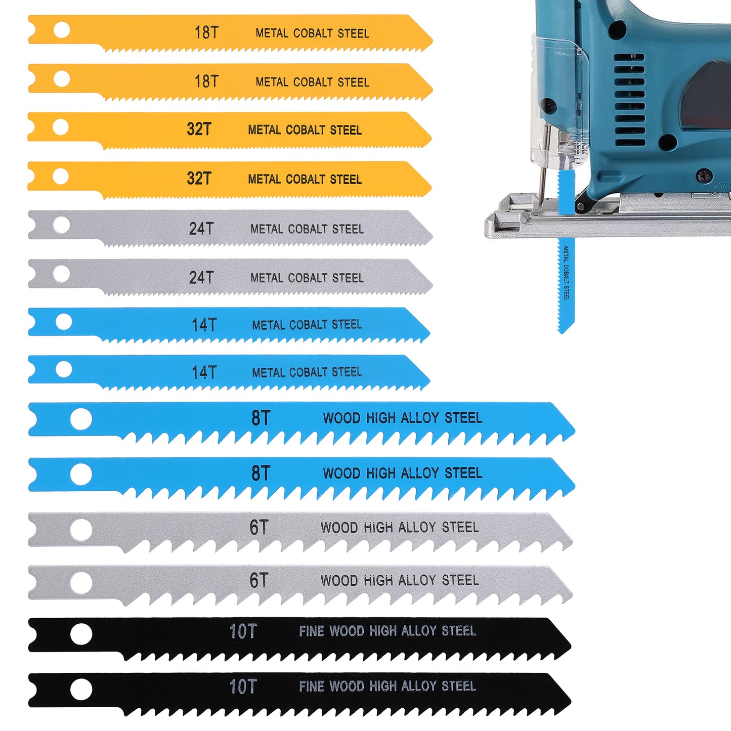 JIYIN U-Shank Jig Saw Blade Set, 14 PCS Jigsaw Blades with Storage Case for Wood Plastic Metal Cutting Jigsaw Blades Set Fit Vast Majority U Shank Jigsaws(6T 8T 10T 14T 18T 24T 32T)