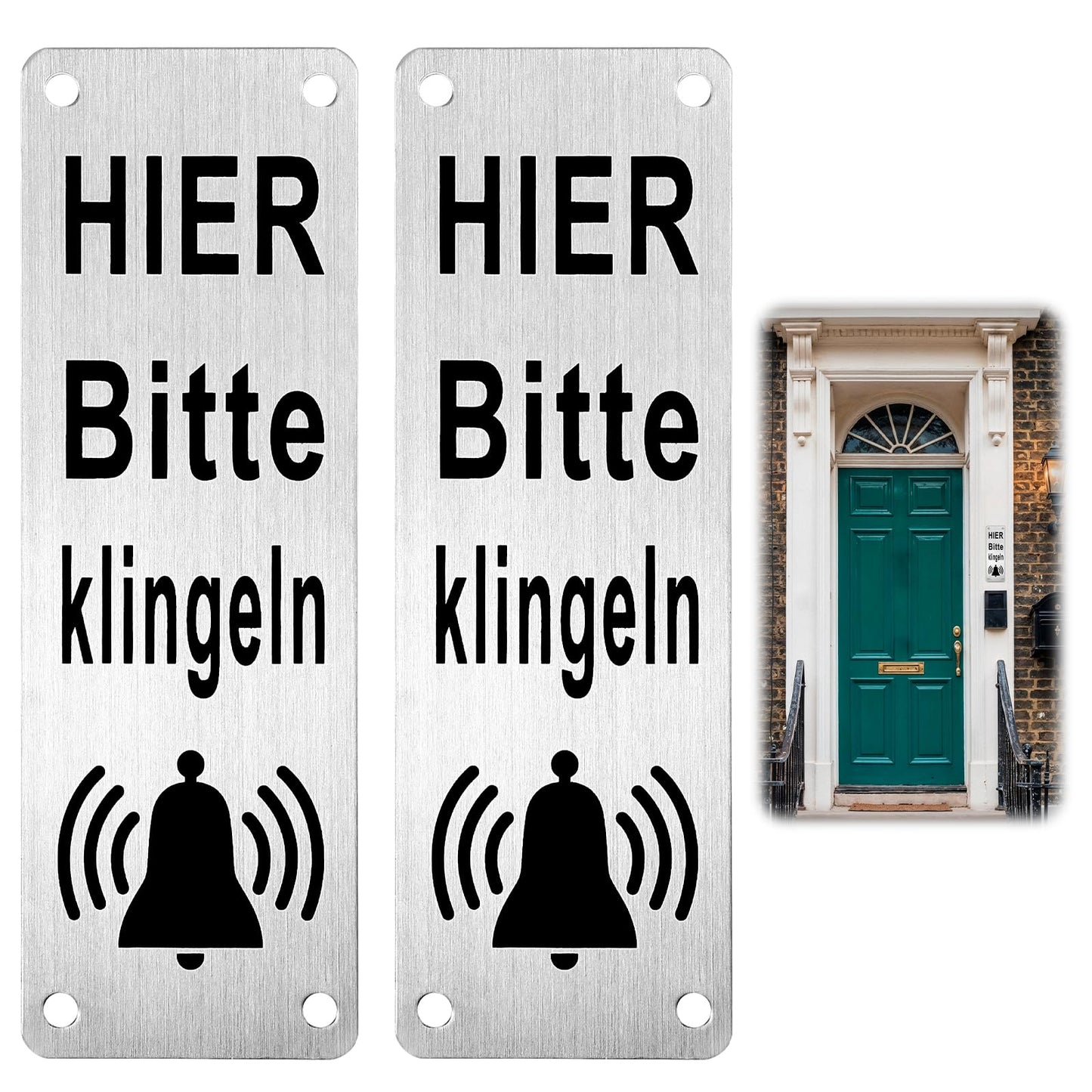 WJIAAA Bell Sign "Bitte hier Klingel" Pack of 2 Self-Adhesive Waiting Sign, Small, Weatherproof Adhesive Sign, Labels, Ring, Doorbell Accessories for Front Door, Stainless Steel, Vertical, 15 x 5 cm