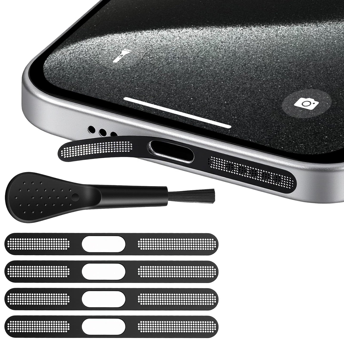 XLIUAX Pack of 4 Dustproof Mesh Stickers, 1 Brush, Integrated Protection Speaker Charging Port, Anti-Dust, Precision Protection for Speakers, Charging Port Sensors for Cellphone16 Pro Max (Black)