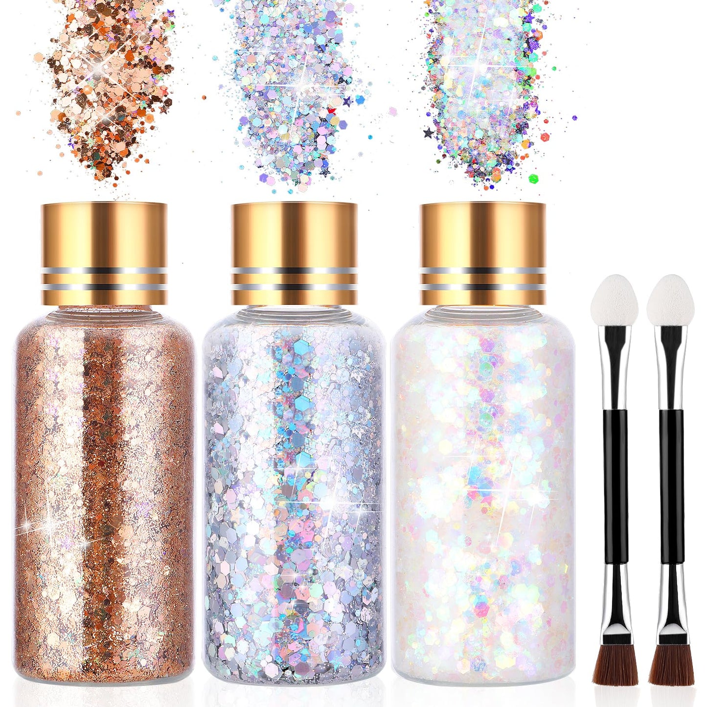 Giantree Glitter for Face Body with 2 Double-sided Cotton Makeup Brushes, 3Pcs 30ml Face Glitter Body Glitter Gel Glitter Make-up for Masquerade Christmas Festival Party Decoration