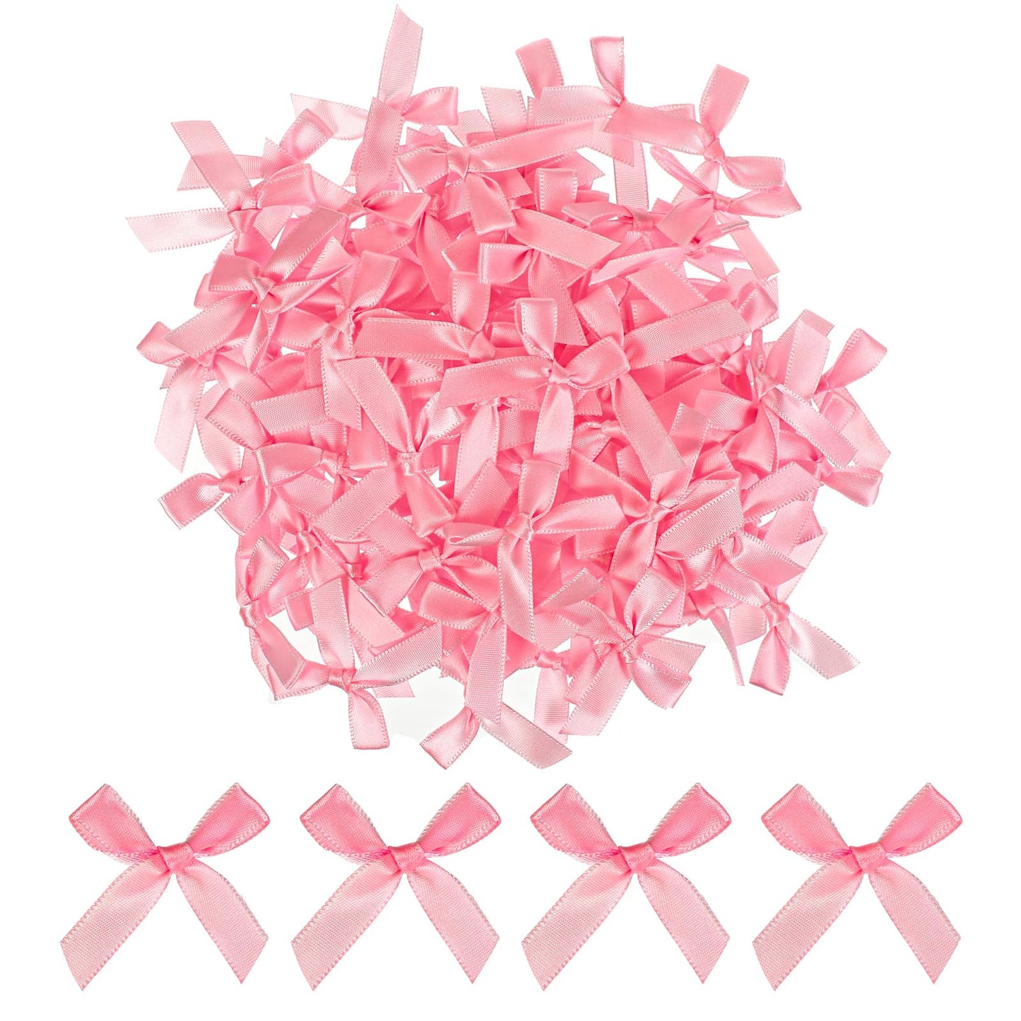 AOZUO 100 Pieces Tiny Bows, Mini Pink Bows DIY Satin Fabric Bow Gift Wrapping Small Ribbon Bow Premade Bow for Treat Bags Cake Pops Candy Wedding Favors Bridal Shower Christmas Decor(Pink)