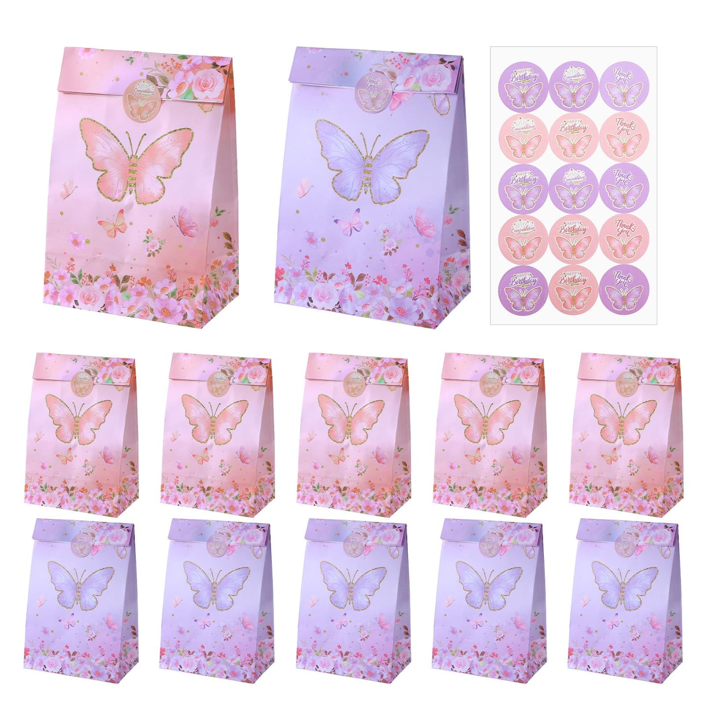 WJIAAA Gift Bags Children's Birthday Butterfly Party Bags with 15 Stickers Paper Bags Decoration Birthday Goodie Paper for Children Girls 13 x 22 cm Pack of 12