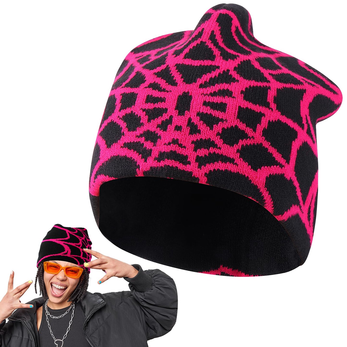 TIESOME Knitted Spider Pattern Beanie(Black Red)