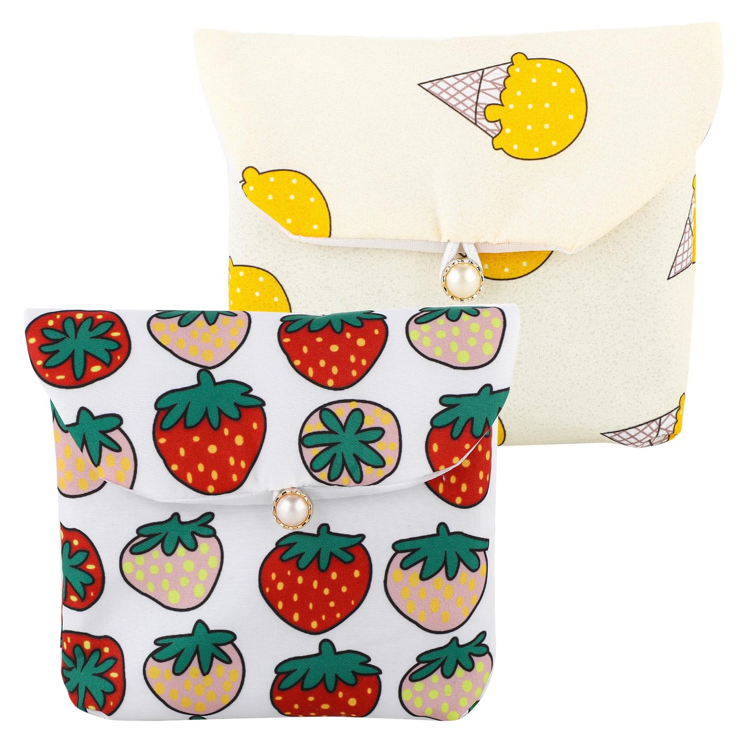 cobee Sanitary Napkin Storage Bags, 2pcs Period Pad Holder Pouch Portable Menstrual Pouch Cute Pattern Tampon Purse with Pearl Buckle Small Toiletry Bag for Women Girls(Ice Cream, Strawberry)