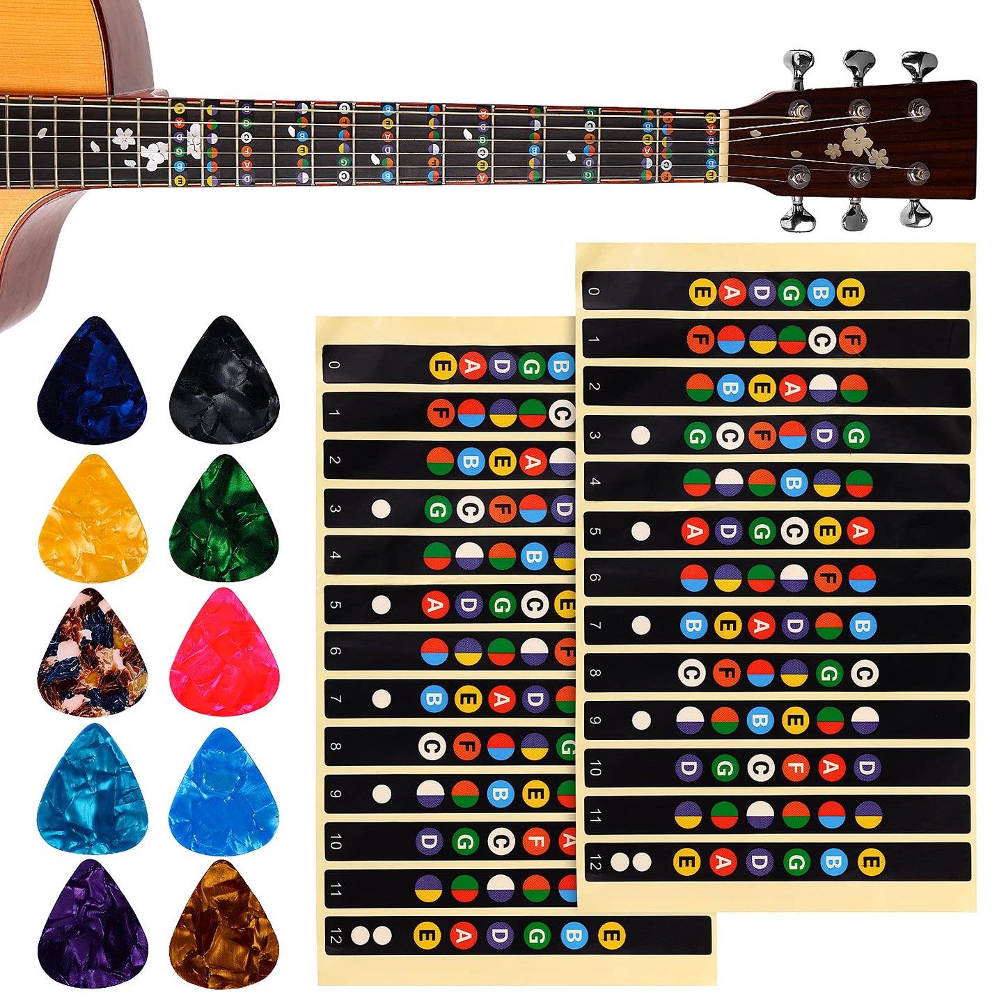 Molain Guitar Fretboard Stickers, 2 Pieces Guitar Stickers Guitar Learning Tools Learn Guitar Tabs with 10 Pcs Guitar Picks