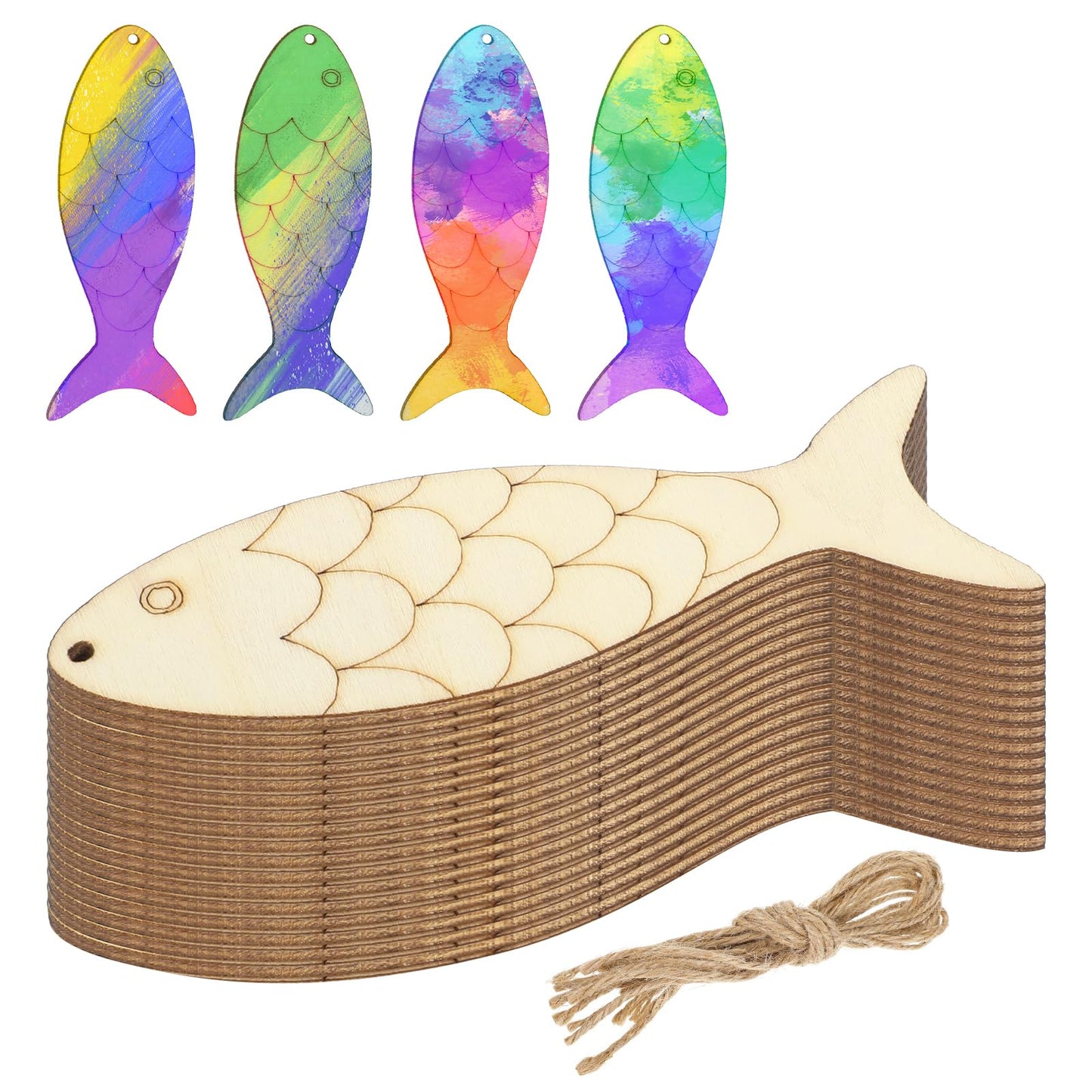 Yuanchu 30 Pcs Wooden Fish Cutouts, Unfinished Wood Fish Crafts Wooden Ornaments for Crafts Fish Shape Wood Craft Supplies Blank Wood Signs for Crafts with Hemp Rope