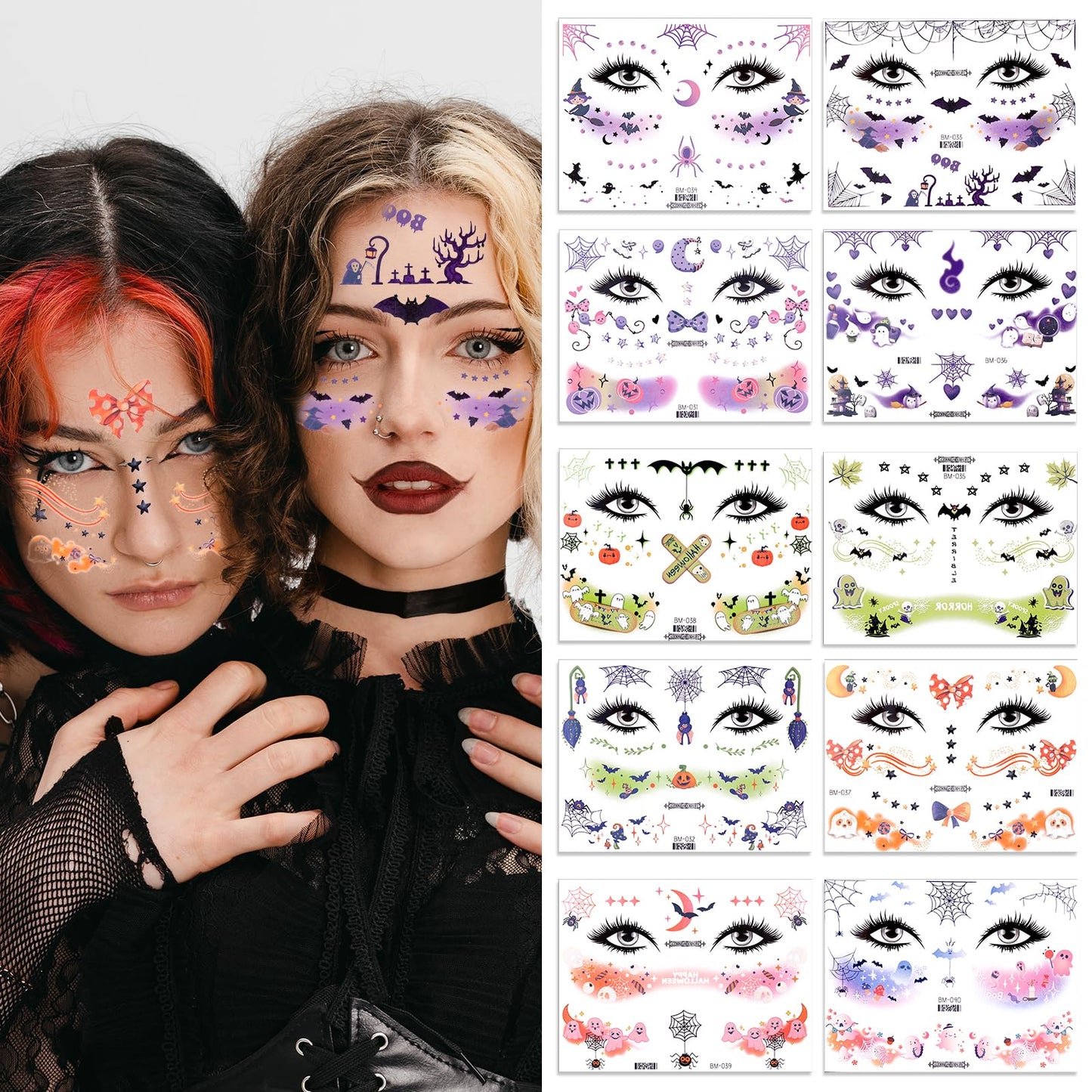 TIESOME Halloween Face Temporary Tattoos, 10 Sheets Cute Tattoos Stickers Festival Makeup Face Decals Fake Tattoos Halloween Cosplay Party Decor for Women Girls