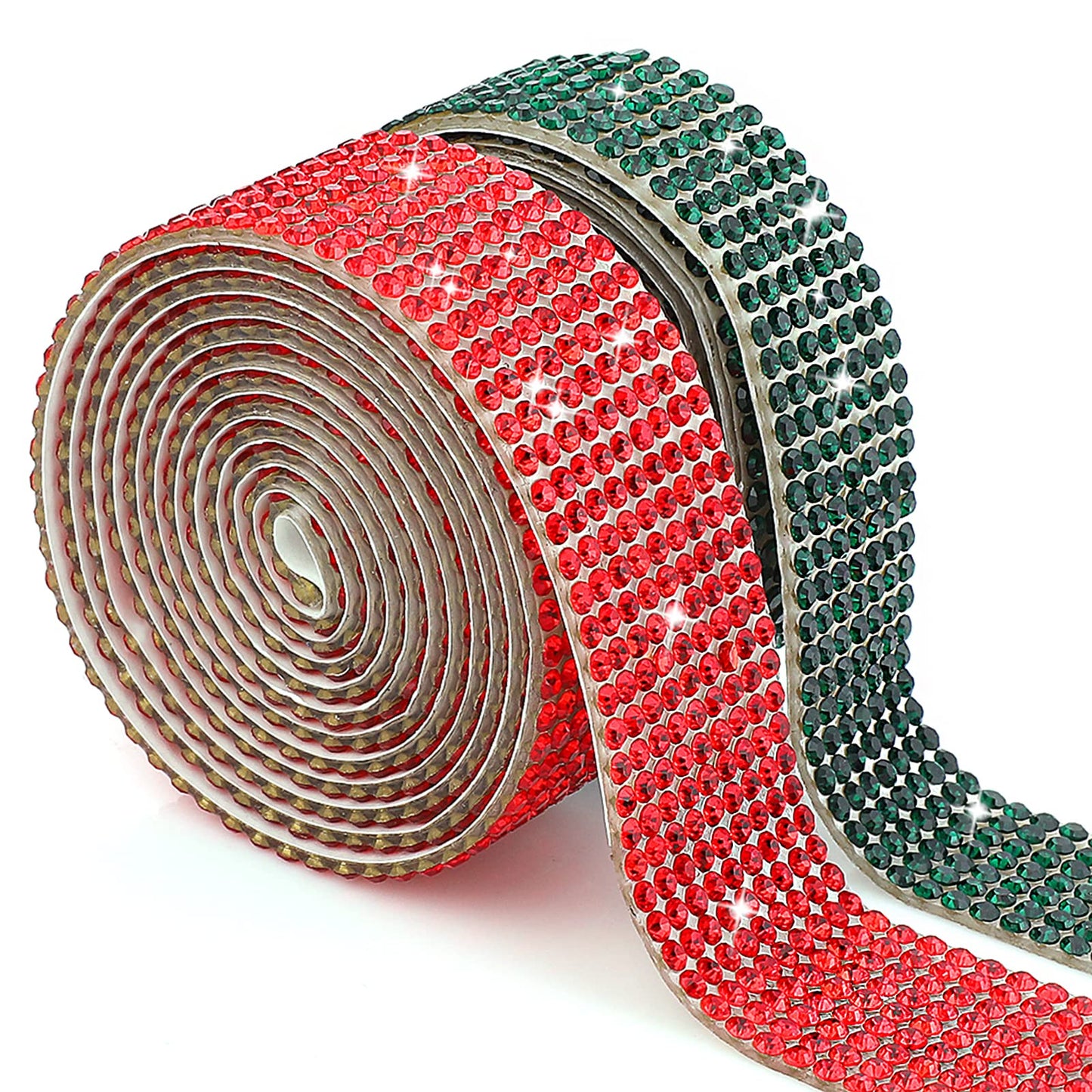 cobee Crystal Rhinestone Ribbon Roll, 2 Roll Self Adhesive Diamond Ribbons 2 Yards Bling DIY Rhinestone Tapes Diamond Sticker Banding Belt Wrap for Wedding Birthday Crafts Decoration (Green+red)