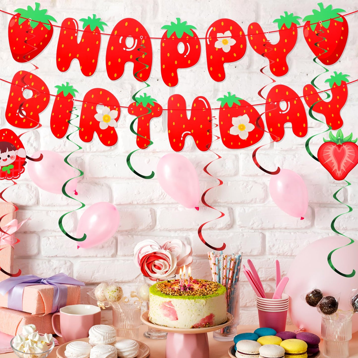 AOZUO Strawberry Happy Birthday Banner, Strawberry Party Decorations with Shimmering Red Letters Hanging Swirl Strawberry Paper Berry Sweet Girl Party Decoration for Birthday Shortcake Party Supplies