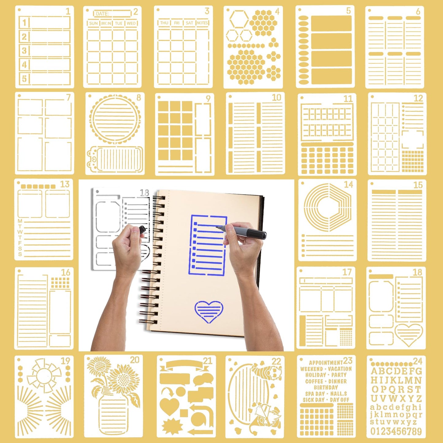 TIESOME 24 PCS Journal Stencils Templates Set with Stainless Steel Chain, 7 x 5inch Journal Stencils Templates Set Supplies Stencil Journal Stencils for Dotted Journals Notebook Scrapbook Calendar(B)