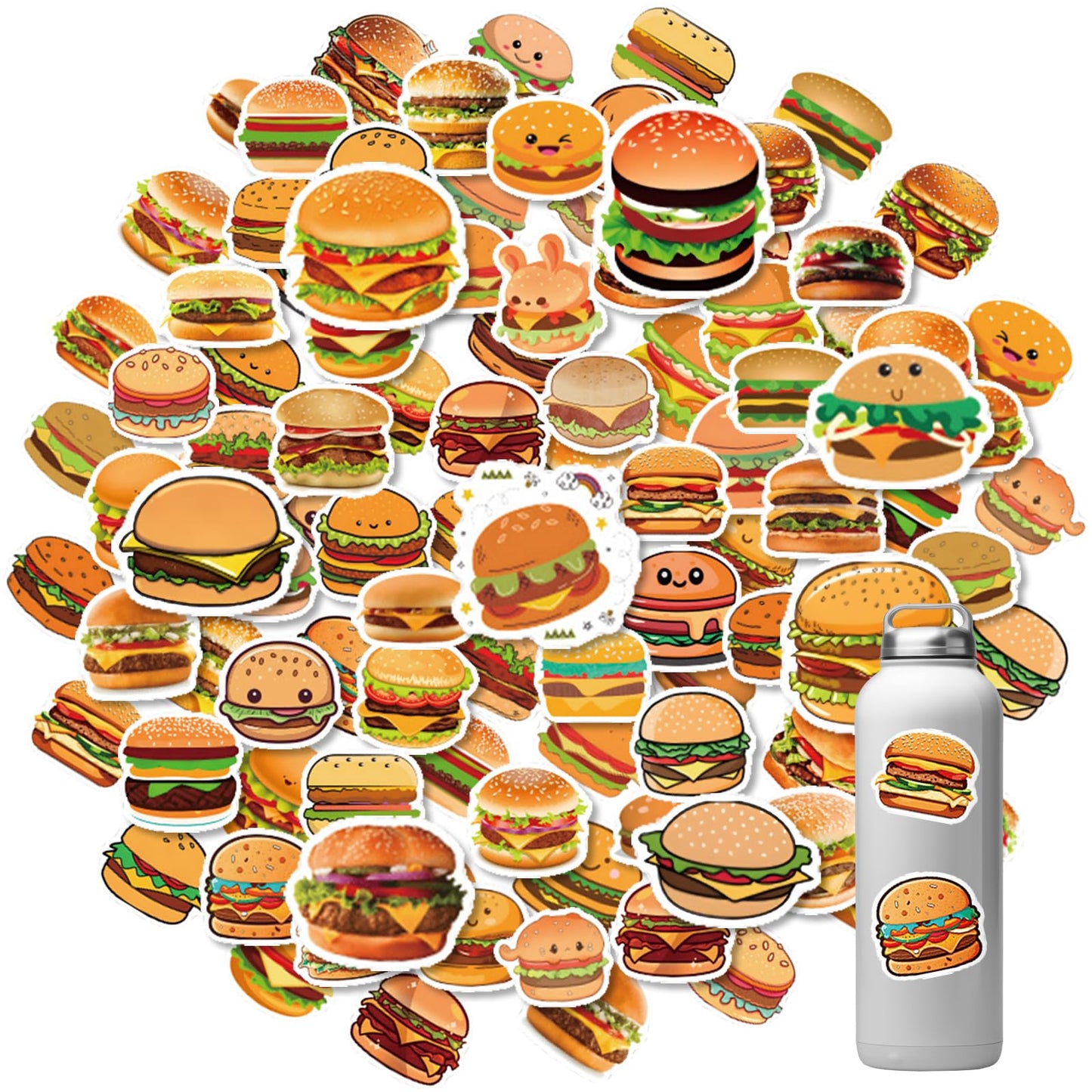 Jeffdad 60 Pcs Cute Fast Food Stickers, Funny Hamburger Stickers for Kids, Cute Aesthetic Vinyl Stickers for Water Bottle Laptop Scrapbook