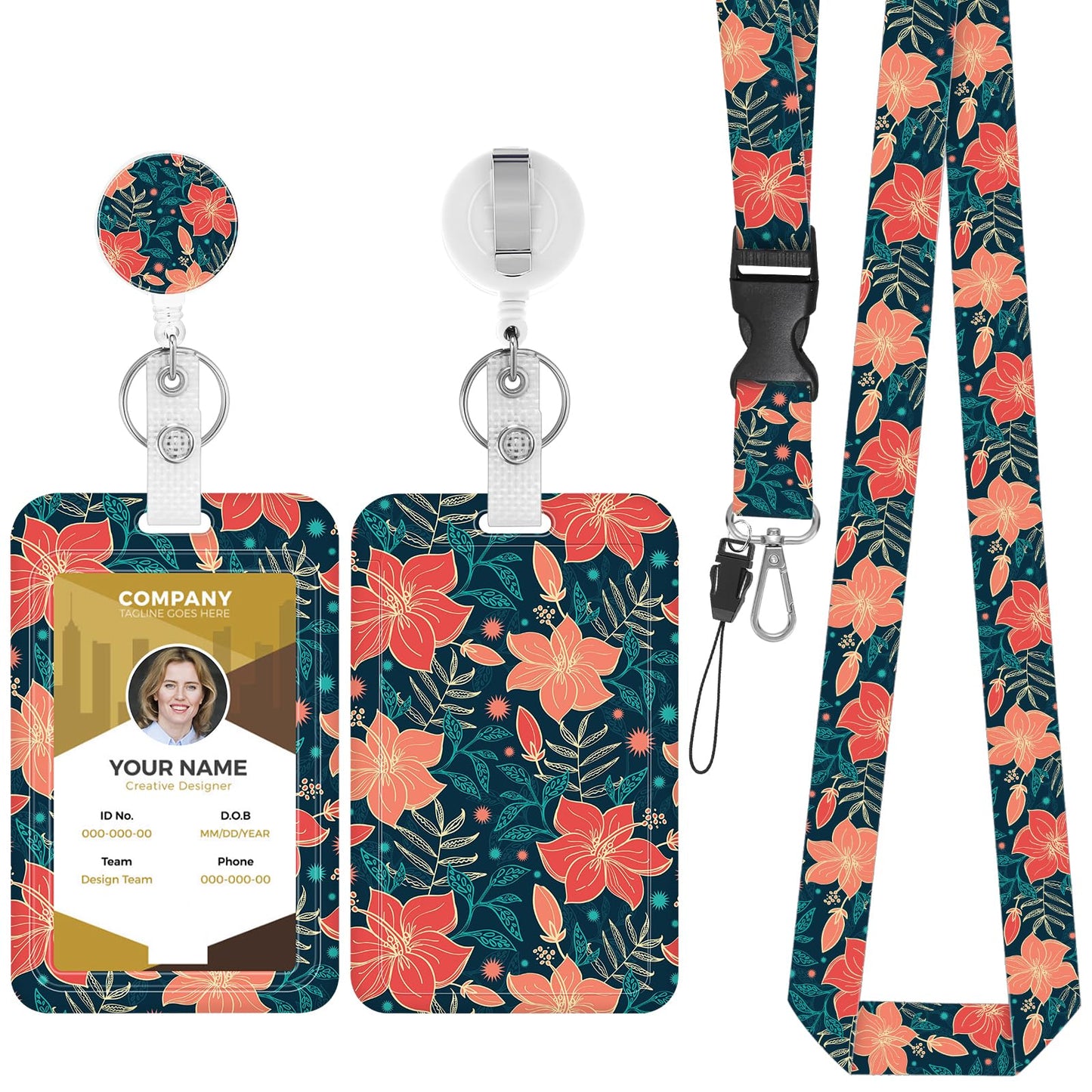 Amabro Flower Lanyards with ID Badge Holder, Retractable Badge Reel Floral Breakaway Neck Lanyard Card Holder Keychain Cute Name Badge Clip for Women Teacher Student Offices Kids Nurse Gifts