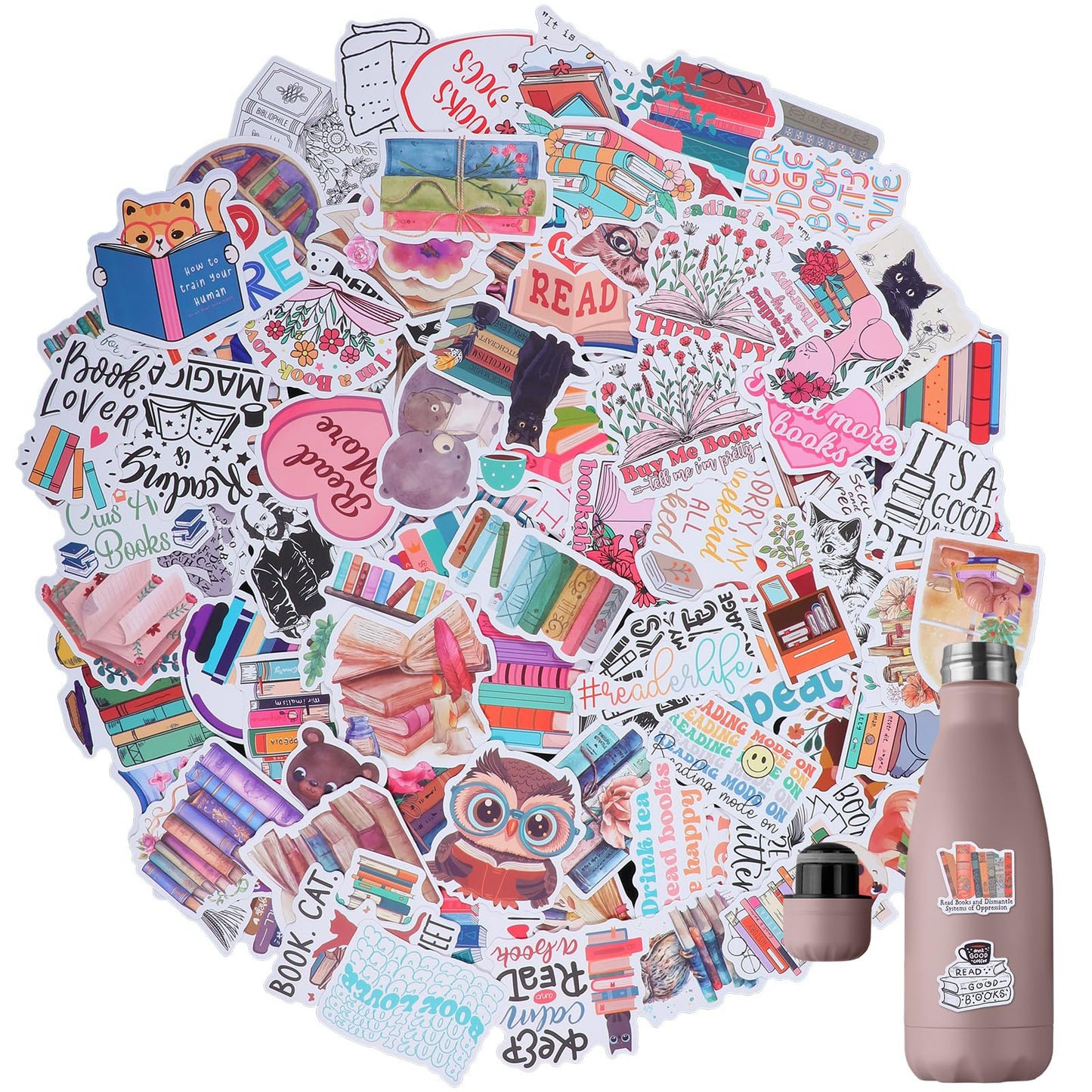 GEEHUA 100 Pcs Book Stickers, Reading Motivational Positive Sticker Bookish Cartoon Aesthetic Stickers Waterproof Vinyl Decals for Book Lovers Reader Accessories for Laptops Scrapbook Water Bottle