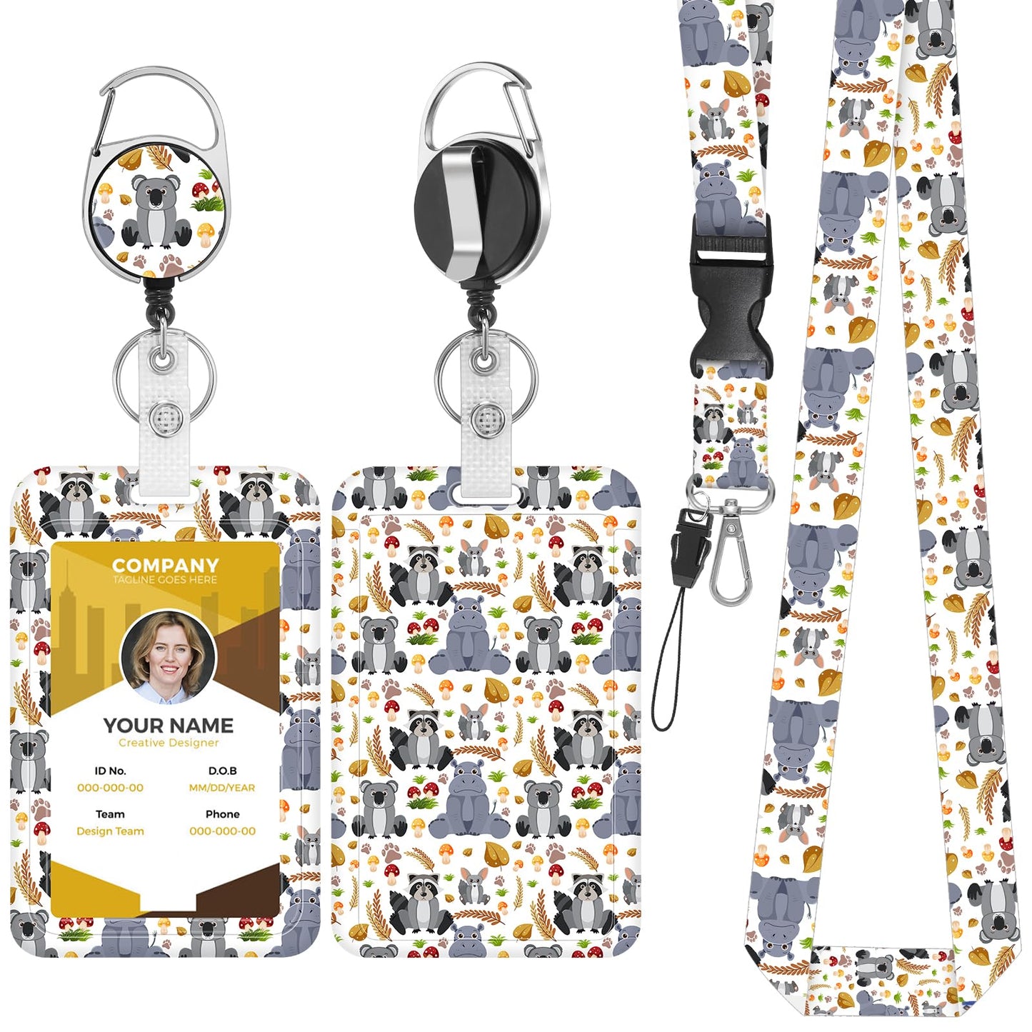Giantree Cute Cartoon Animals ID Card Holder with Strap, Retractable Lanyard with ID Card Holder Set Removable Neck Strap Neck Strap for Women Teachers Nurses Doctor Students