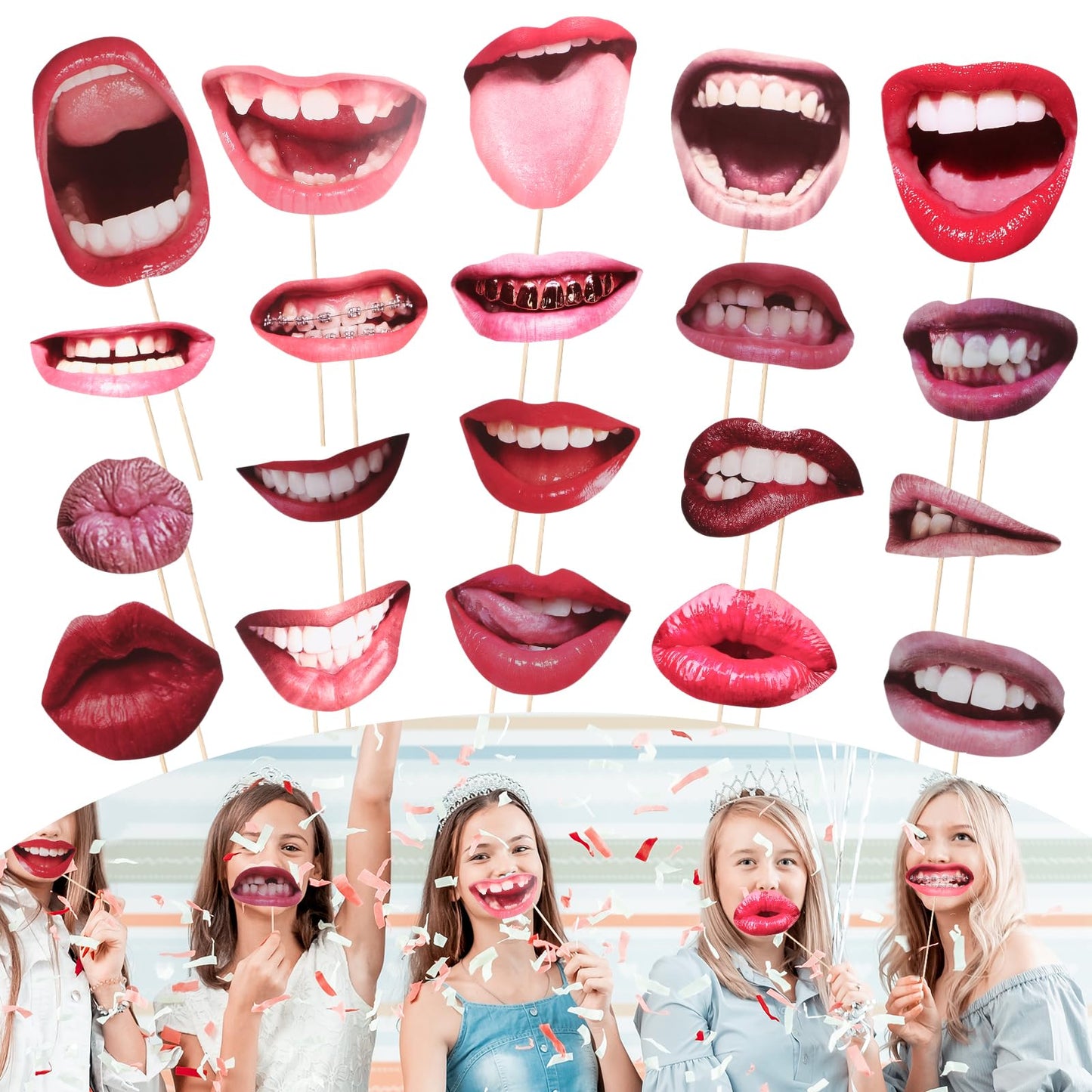 cobee Party Photo Booth Props, 20pcs Funny Mouth Lips Photo Booth Prop with Wood Stick Novelty Selfie Handheld Props for Carnival Wedding Birthday Graduation Halloween Christmas Accessories(Style A)
