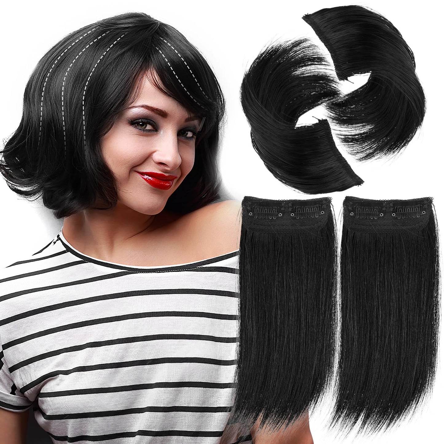 TIESOME Invisible Hair Extensions for Women, 4 Pieces Hair Topper Clips in Thick Hairpieces Adding Hair Volume Synthetic Fiber Hair Pieces 12.5 cm/20 cm 2 Size(Black)