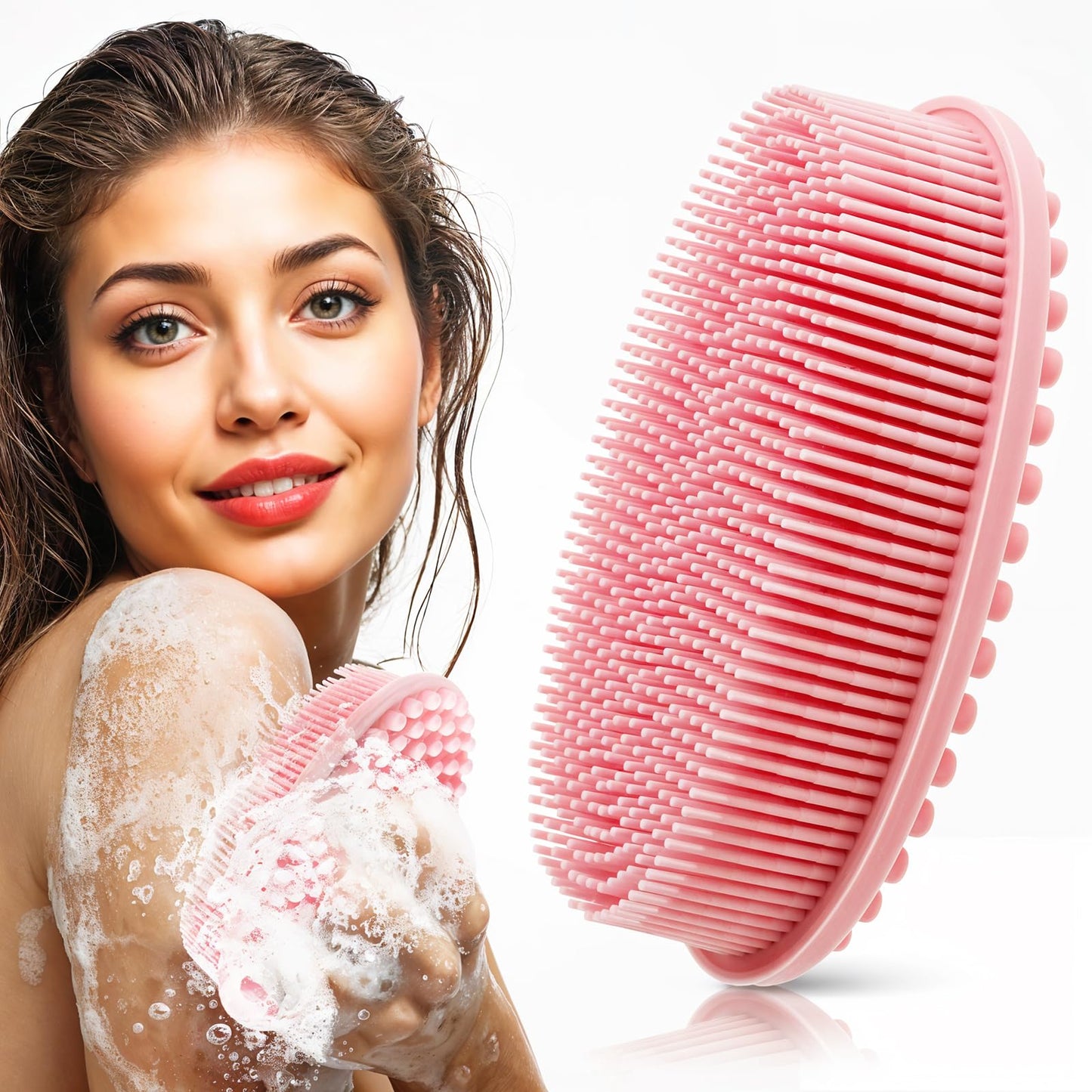 Yuanchu Silicone Body Scrubber, Soft Exfoliating Body Brush, Silicone Double-Sided Bath Brush, Gentle Massage Shower Brush, Face Bath Accessories, Clean Girl Stuff, All Skin Types (Pink)