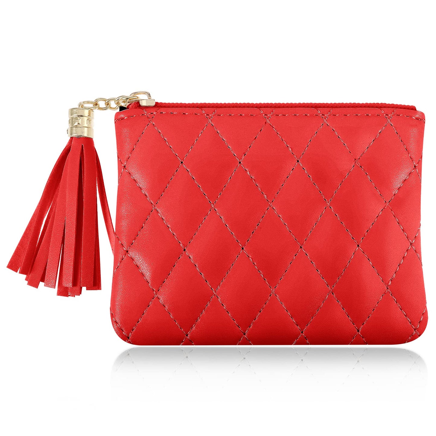 TIESOME Coin Purse With Tassel, Rhombus Embroidery PU Zipper Coin Purse Portable Wallet Short Ladies Coin Purse for Women Coin Pocket Credit Card ID Key Headset Lipstick (Red)