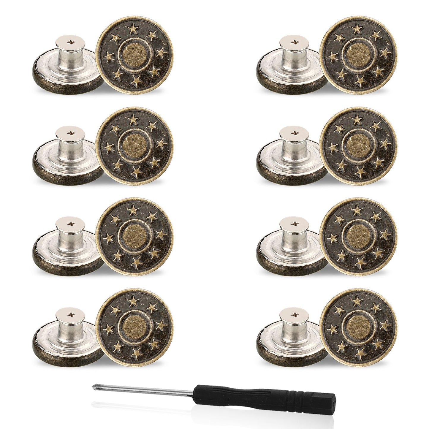 GEEHUA 8PCS Adjustable Replacement Buttons, No Sew Nailess Removable Metal Button Jeans Buttons Repair Combo Thread Rivets and Screwdrivers for Any Cowboy Clothing Jackets Pants(17mm)