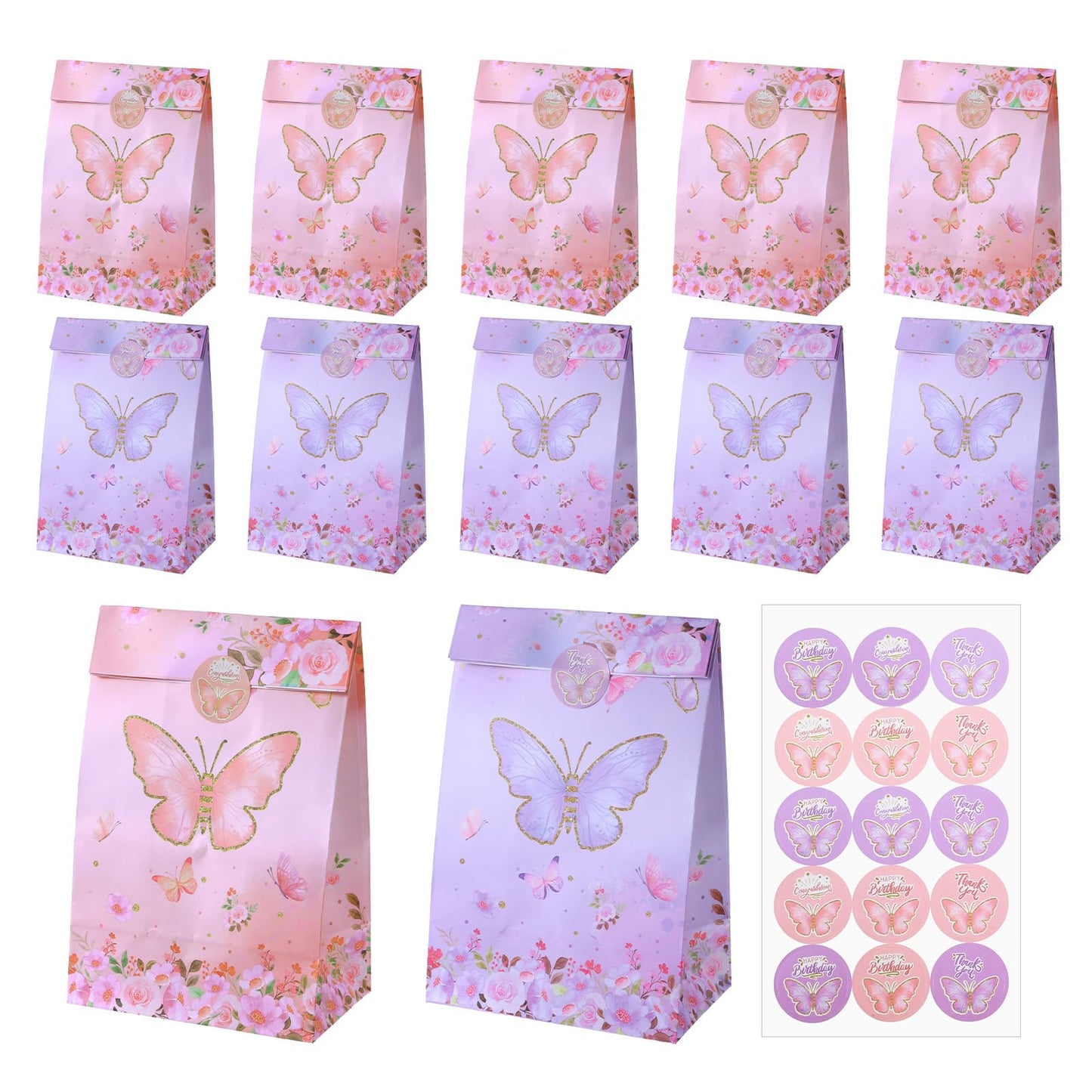 WJIAAA Pack of 12 Butterfly Gift Bags Decoration Birthday Set Party Bags Children's Birthday Party Bags with Stickers for Children's Birthday Parties