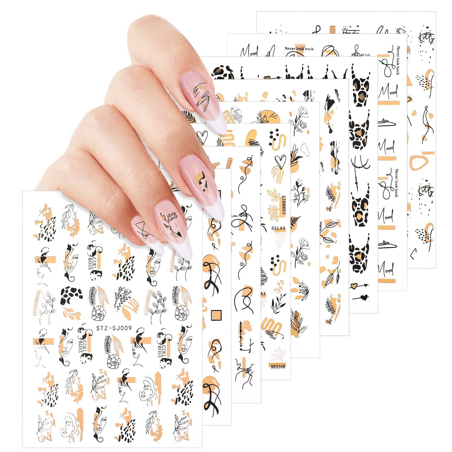 Cobee 9 Sheets Nail Art Decals Stickers, Self Adhesive Nail Stickers 3D Manicure Decoration DIY Nails Art Decal Supplies for Women Salon Home(Black Gold)