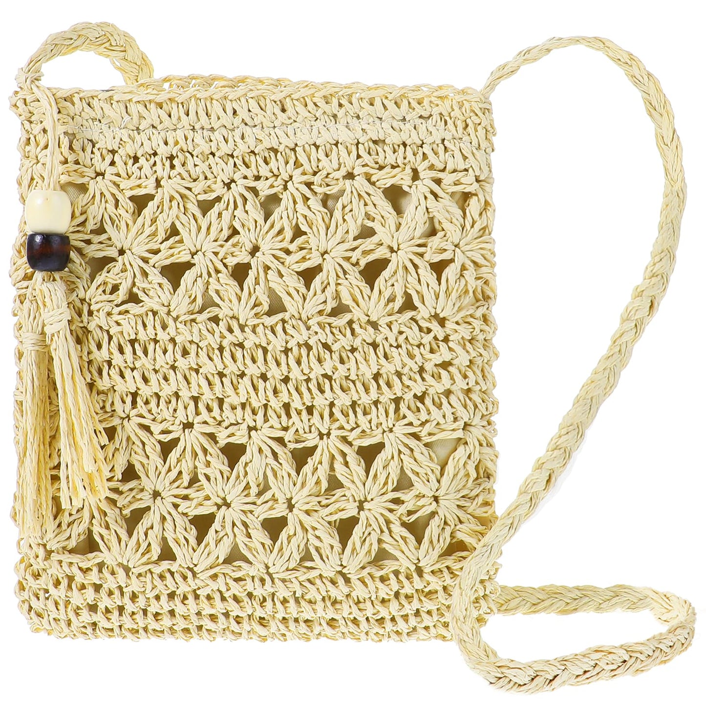 AOZUO Straw Mesh Beach Crossbody, Women Summer Clutch Purse Travel Woven bag Handbag Shoulder Bag with Tassel, Off-white