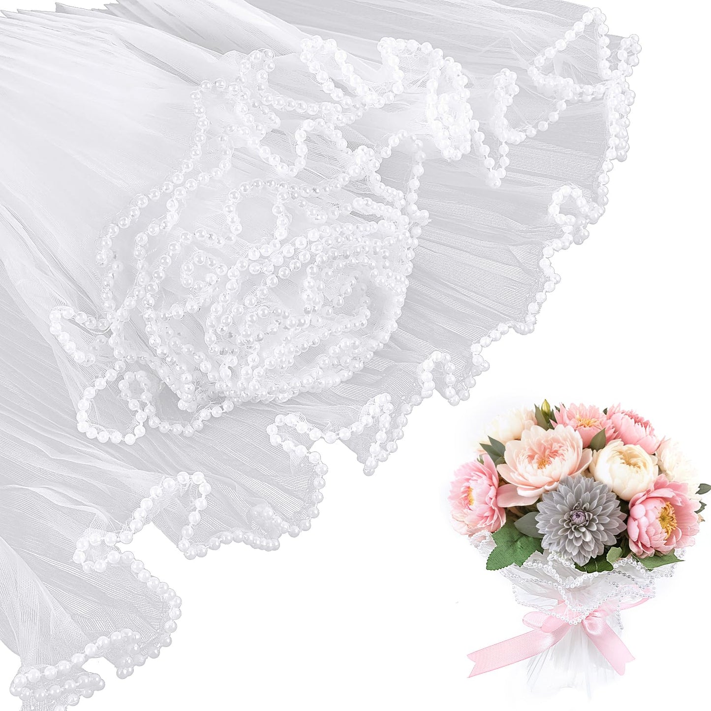 AOZUO Pearl Mesh for Bouquets, 4.37 Yards White Flower Wrapping Paper Pearl Lace Mesh Wrinkled Translucent Packaging Net Yarn Bouquet for Party Favor Decor Florist Supplies Wedding Gift Packaging