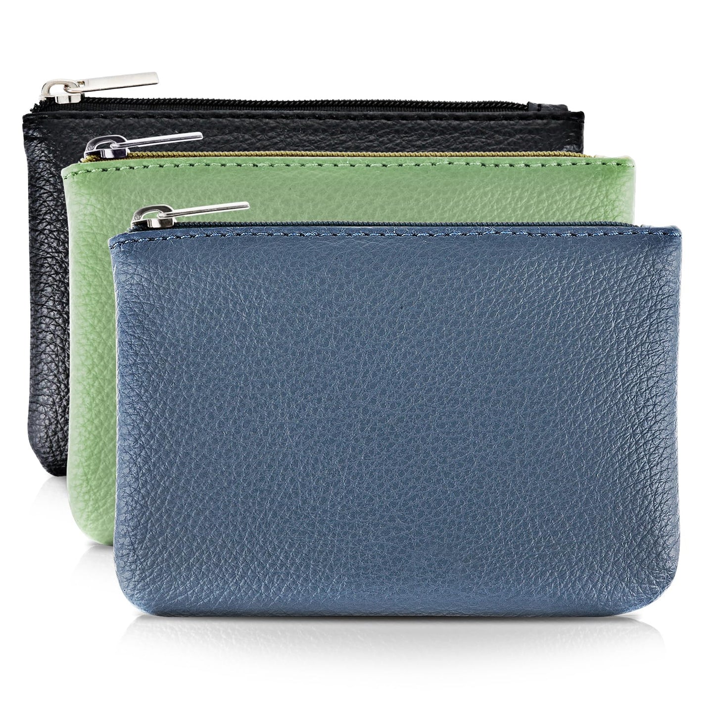 simarro Leather Zipper Coin Purse, PU Lychee Pattern Coin Purse Portable Change Wallet Mini Coin Pocket Pouch Change Holder for Men & Women 3 pcs Set (Black+Blue+Light Green)
