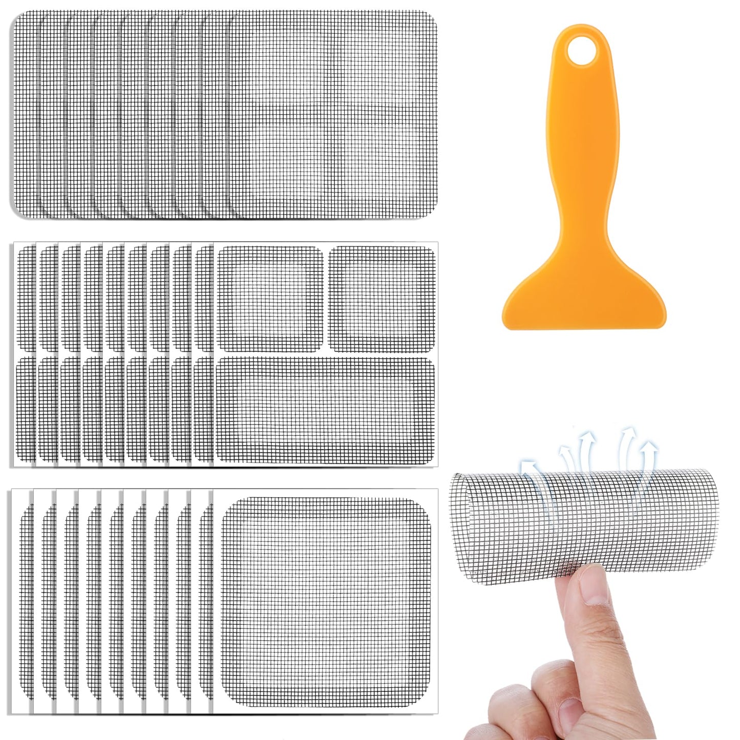 Amabro 30pcs Window Screen Repair Patches, Strong Self-Adhesive Window Screen Door Mesh Repair Kit 3-Layer Fiberglass Replacement Repair Patch with Scraper for Screen Tears Holes Repairing, Gray