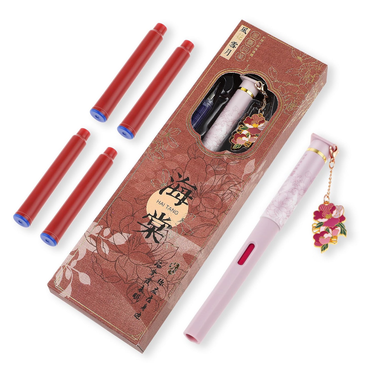 cobee Vintage Fountain Pen with Pendant Set, Extra Fine Point Fountain Pen and 4 Pcs 3.4mm Blue Ink Sac Calligraphy Writing Pen Smooth Writing Pen for Journaling School Office Supplies (B)