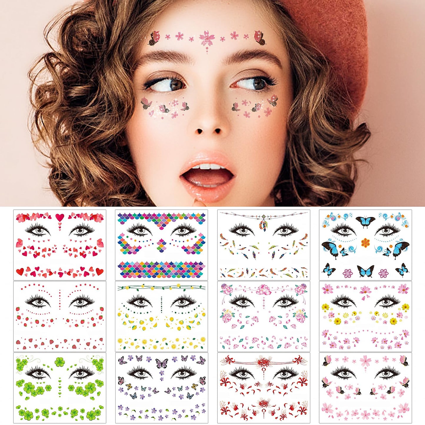 cobee Glitter Face Temporary Tattoos, 12 Sheets Butterfly Fake Tattoos Stickers Waterproof Makeup Tattoo Decals Flowers Face Arm Body Sticker for Women Halloween Party Favors