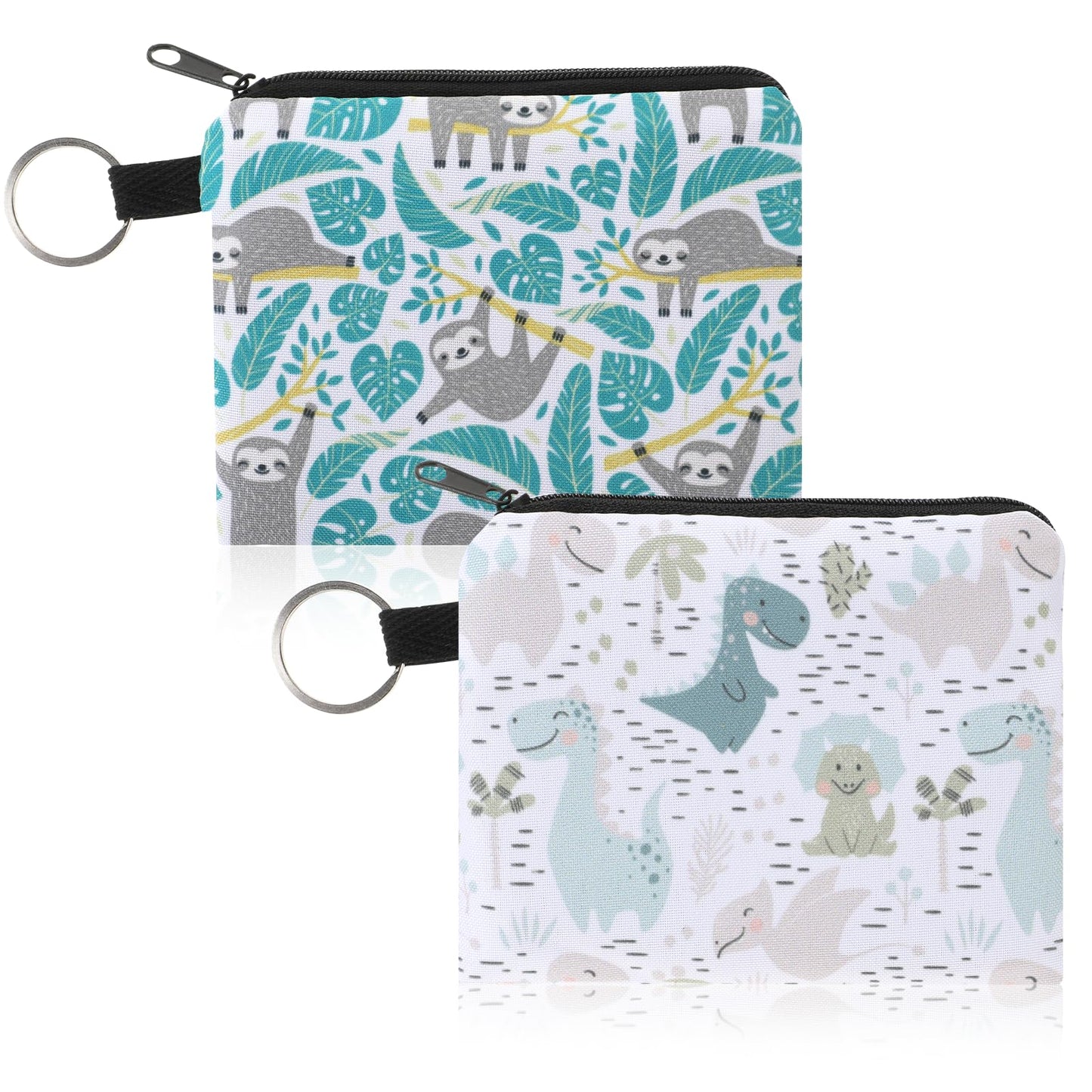 Giantree 2 Pcs Coin Purse for Women, Sloth Dinosaur Change Bag Small Cartoon Printing Canvas Purse, Coin Bag Organiser Purse Key Ring Wallet Cute Animal Coin Purse for Women