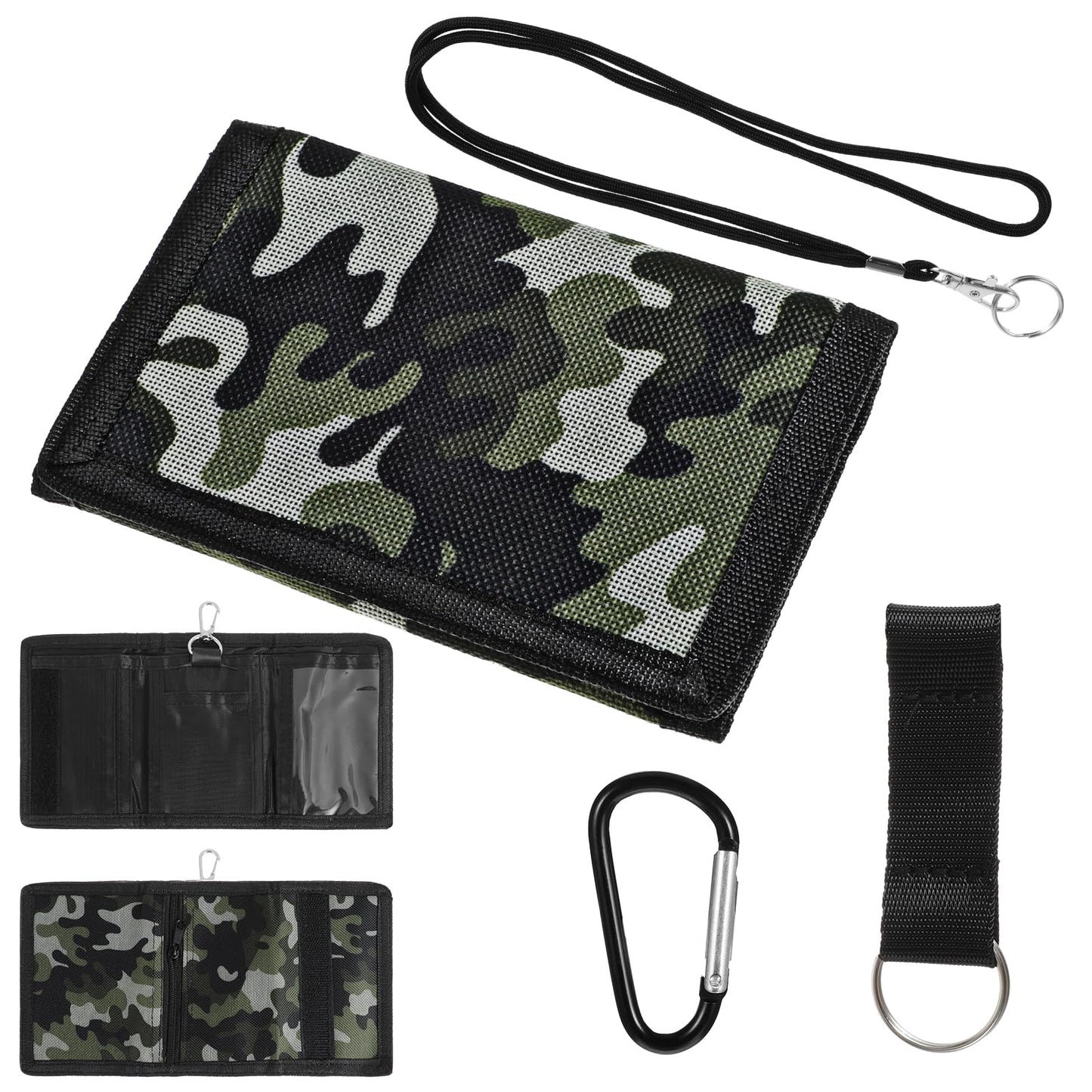 Yuanchu Slim Children's Wallet, Camouflage Boys Purse, Children's Neck Pouch, Foldable Triple Children's Purse with Anti-Lost Straps and Carabiner for Men, Teenagers, Boys, Green