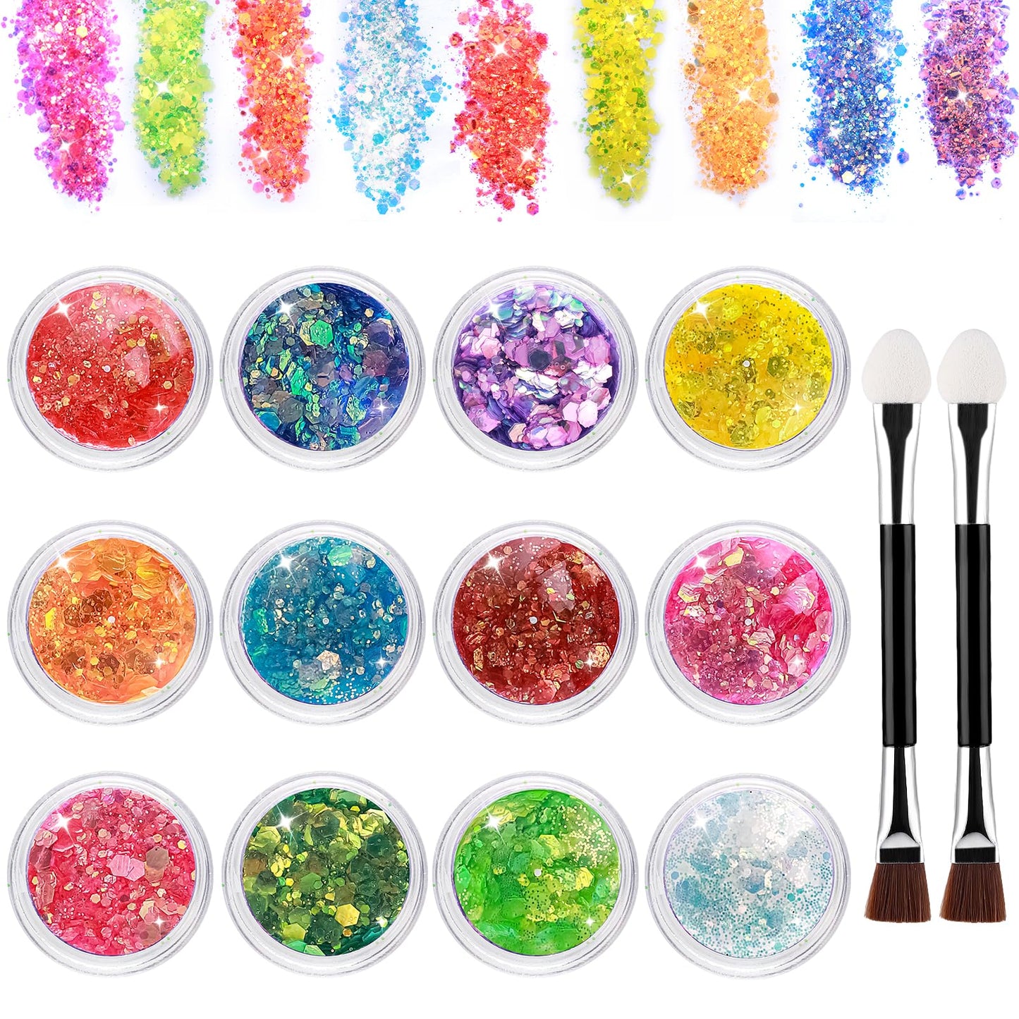 Giantree 12 Colors Glitter Sequin Set with 2 Double-Head Cotton Brushes, Festival Glitter Face Rainbow Sequins for Nails Hair Eyes Lips Body Halloween Makeup Glitter DIY Crafts ()