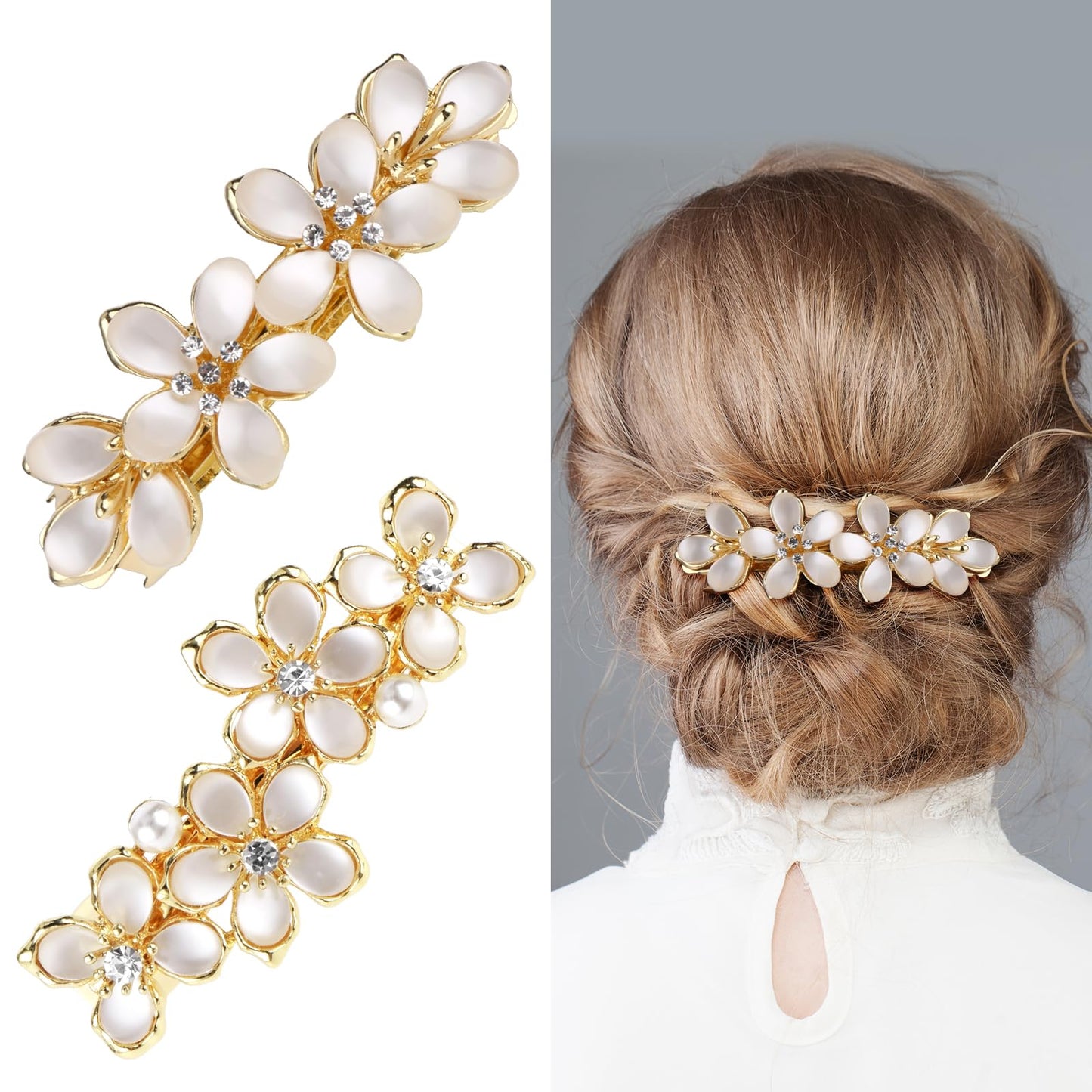 cobee Opal Flower Hair Clips, Vintage Rhinestone Hair Barrettes Elegant Crystal Hair Barrettes with Spring Snap Clip French Hairpin Pearl Hair Jewelry Accessories for Women Girls Brides