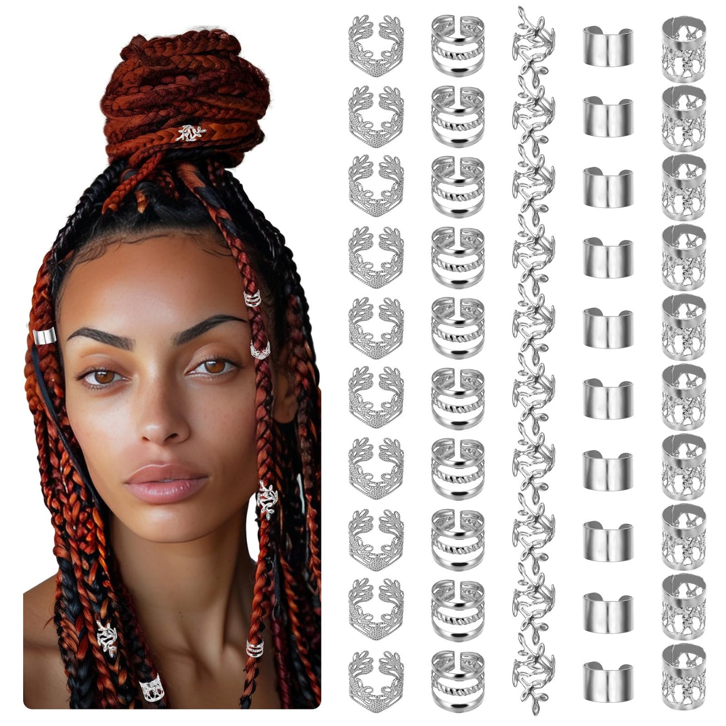 Molain 50 PCS Gold Dreadlock Beads Locs Accessories, Jewelry for Braids, Hair Dreadlock Accessory Braid, Adjustable Cuffs Braiding Hair Rings for Dreadlock Accessory Jewelry Decorations(Silver)