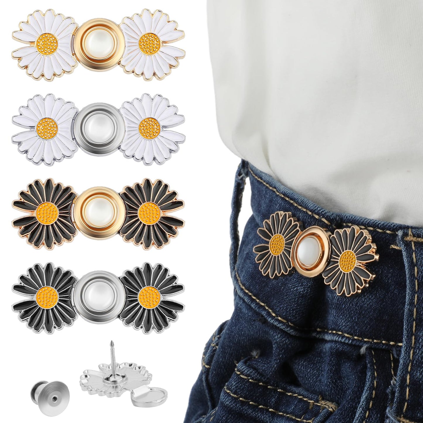 TIESOME 4 Sets Pant Waist Tightener, Detachable Jean Buttons No Sew and No Tools Button Pins Adjustable Jean Waist Buckle Daisy Flower Instant Jeans Button Tightener for Loose Jeans Women Skirt