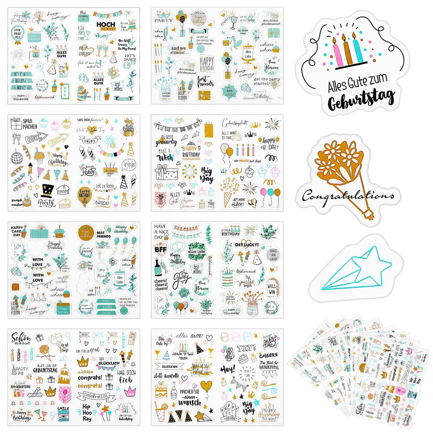 Yuanchu Stickers Birthday, Pack of 395 Stickers, 8 Sheets, Guest Book, Decoration, Photo Album, Birthday Cards, Diary, Party Gifts, Magic Book, Magazine Stickers