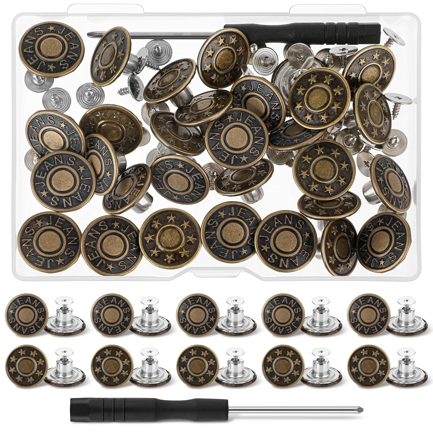 Amabro 30PCS Adjustable Jeans Buttons, No Sew and Reusable DIY Instant Pants Button Replacement Buttons for Skirt Jeans Trousers(17mm)