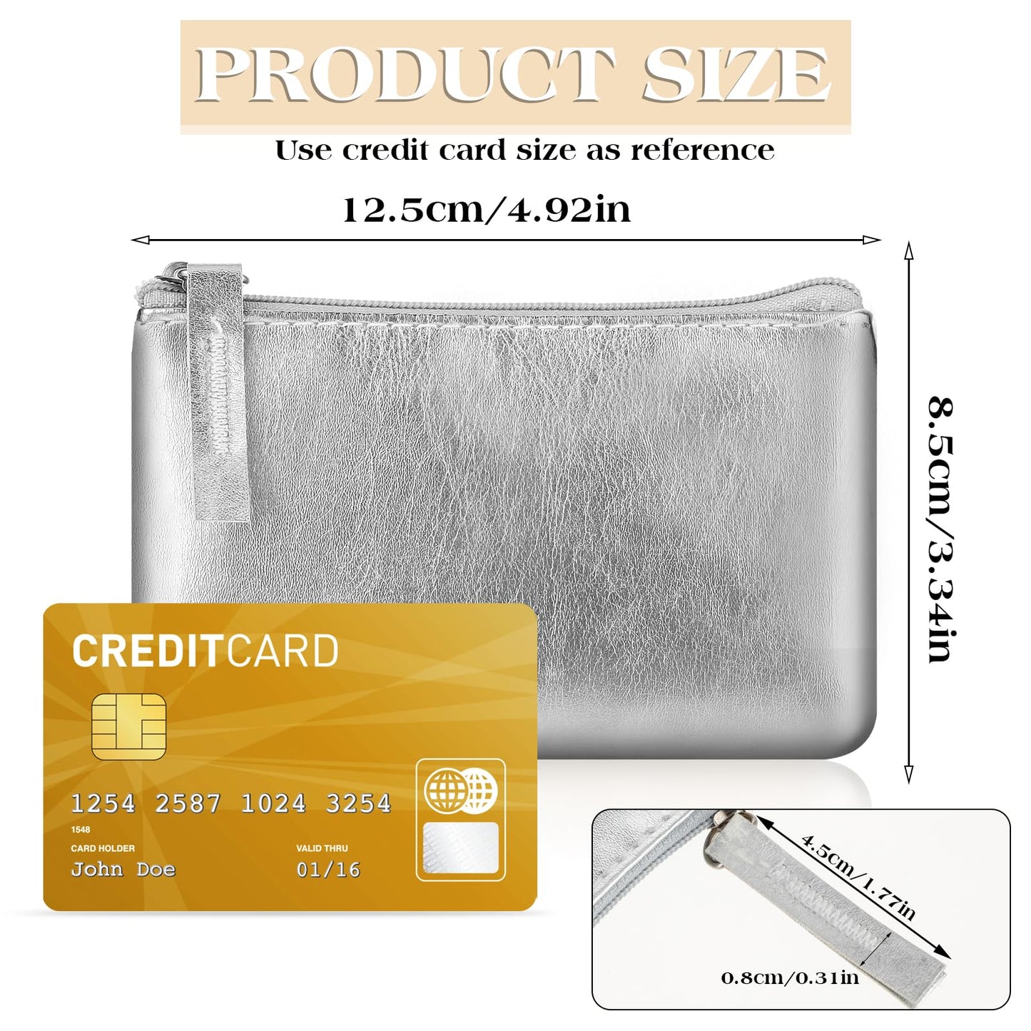 Andibro Mini Coin Purse, Portable PU Leather Wallet with Zipper Small Coin Purse Pouch for Women Change Purse(Silver)
