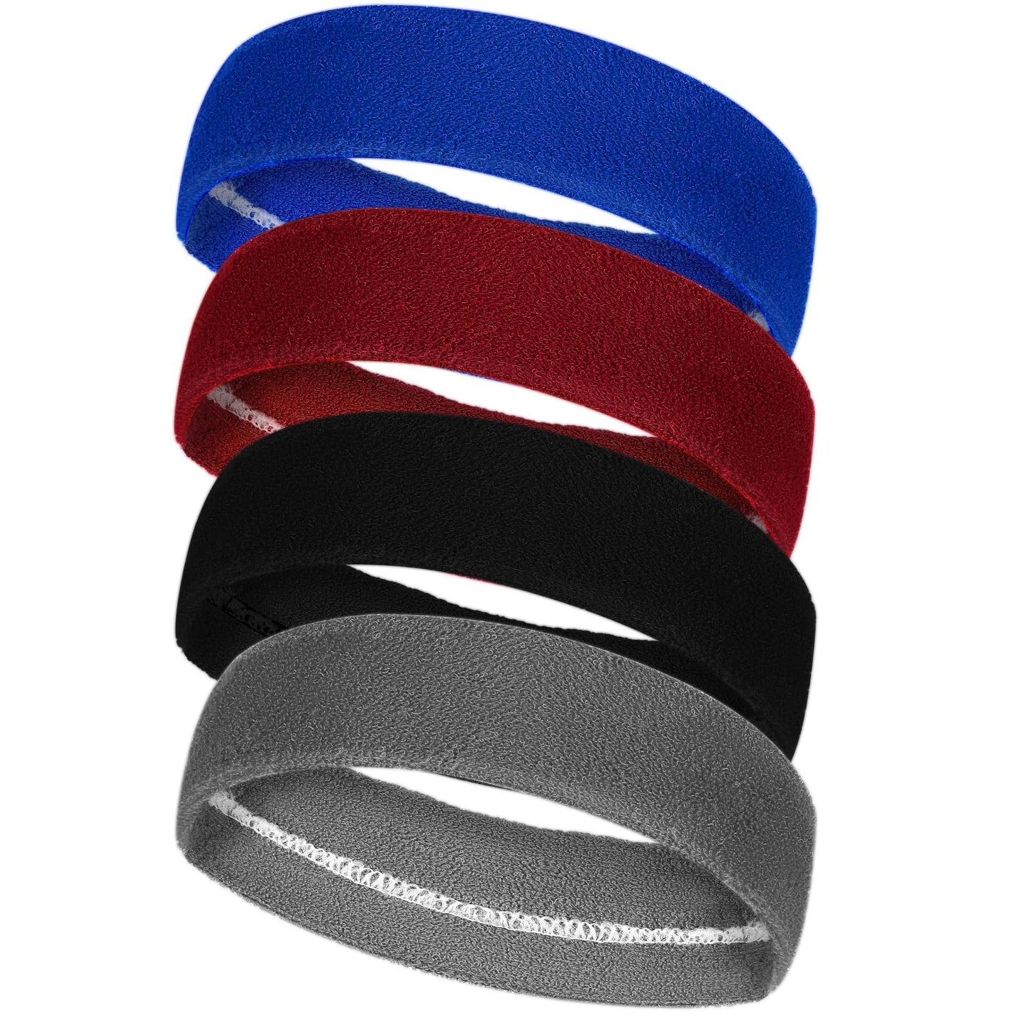 AOZUO Sports Sweatbands, 4PCS Stretchy Non Slip Athletic Wicking Towel Headbands Terry Cloth Moisture Sweat Bands for Workout Running Basketball Tennis Gym Yoga Jogging