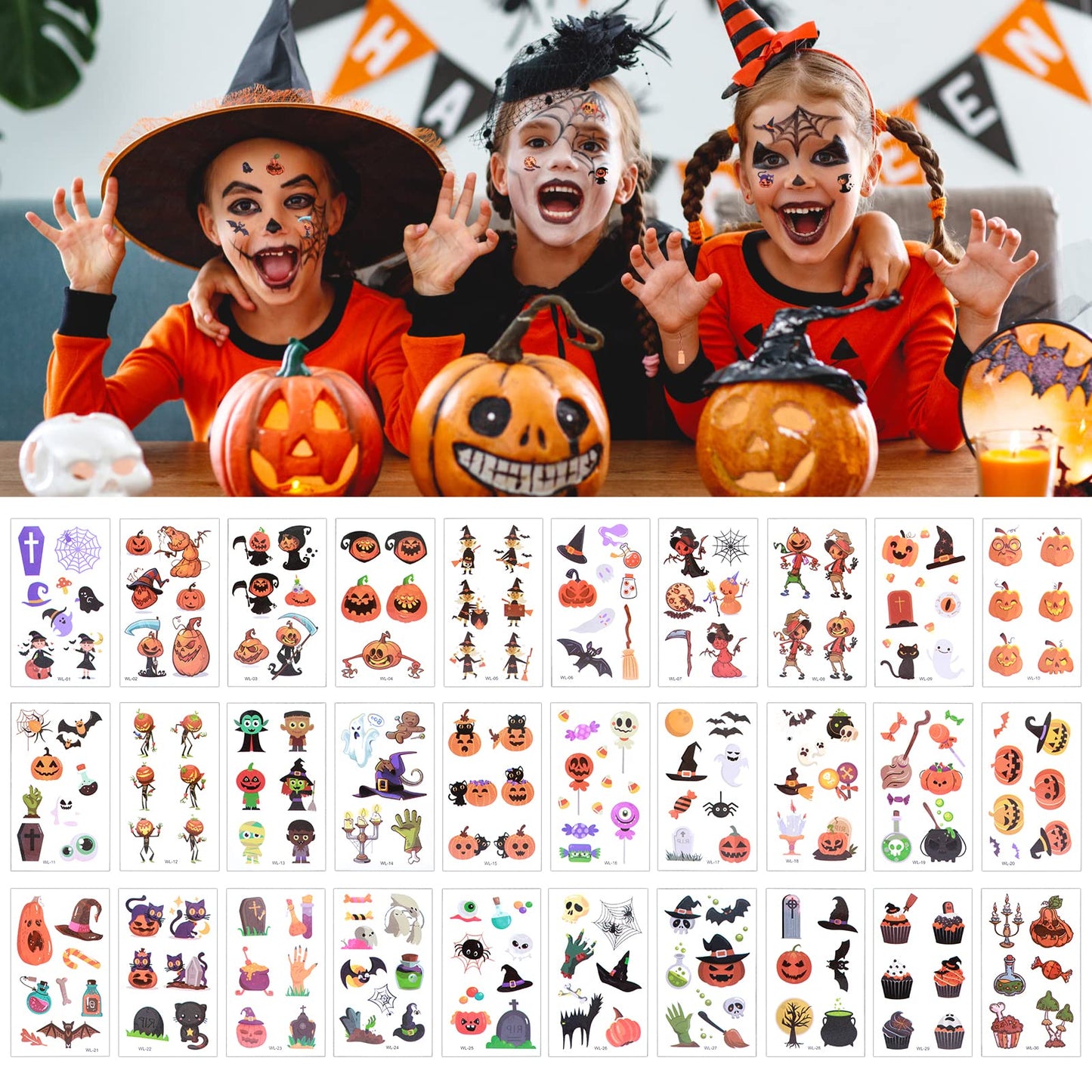 Cobee Halloween Temporary Tattoos for Kids, 30 Sheets Waterproof Tats Stickers Cute Halloween Tattoos Pumpkin Ghost Zombie Tattoos for Boys Girls Trick or Treat Halloween Party Favors