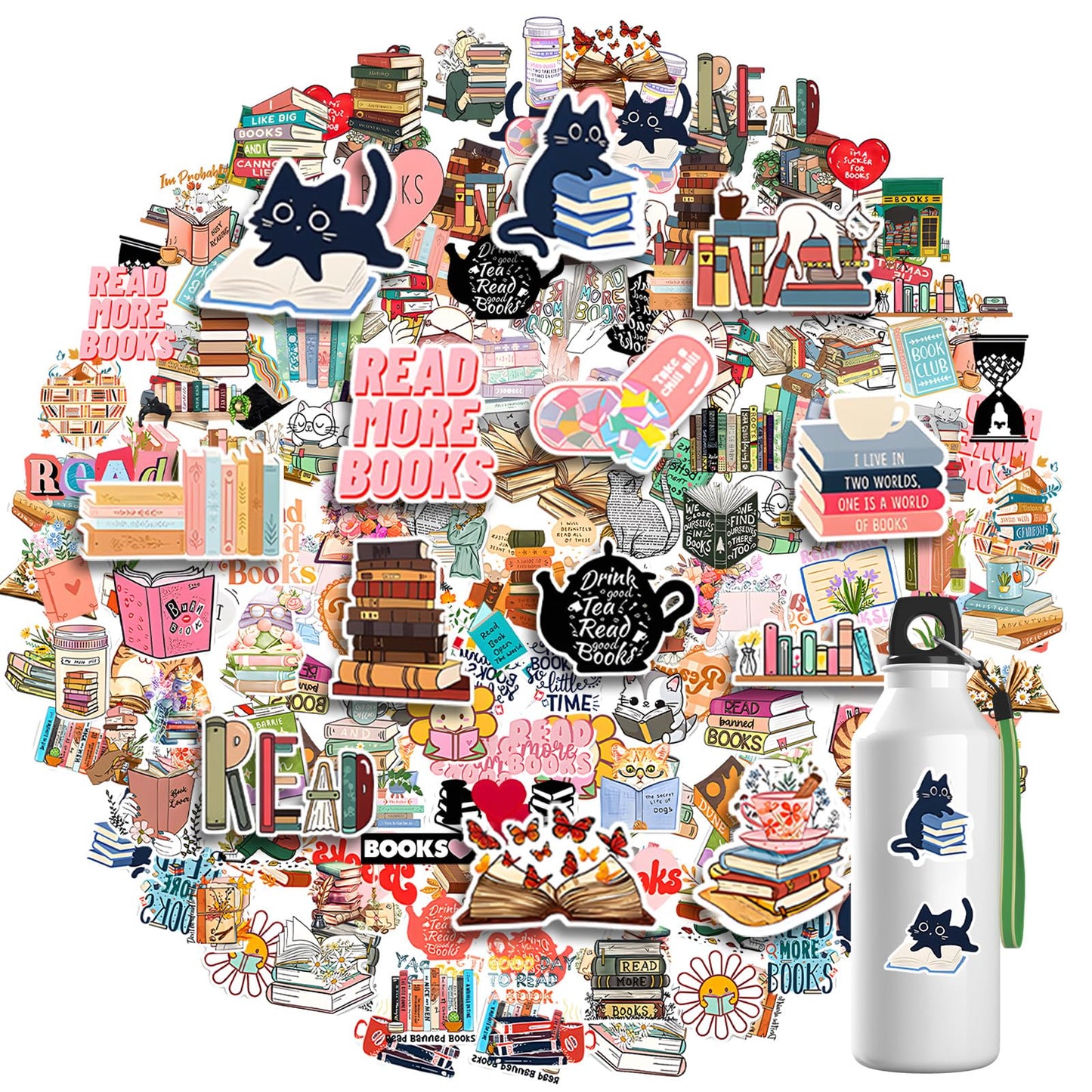 Amabro 100Pcs Book Stickers, Reading Stickers Cat Bookish Water Bottle Decals Cute Vinyl Waterproof Stickers Kawaii Kitten Stickers for Laptops Book Lover Scrapbook Accessories Gifts