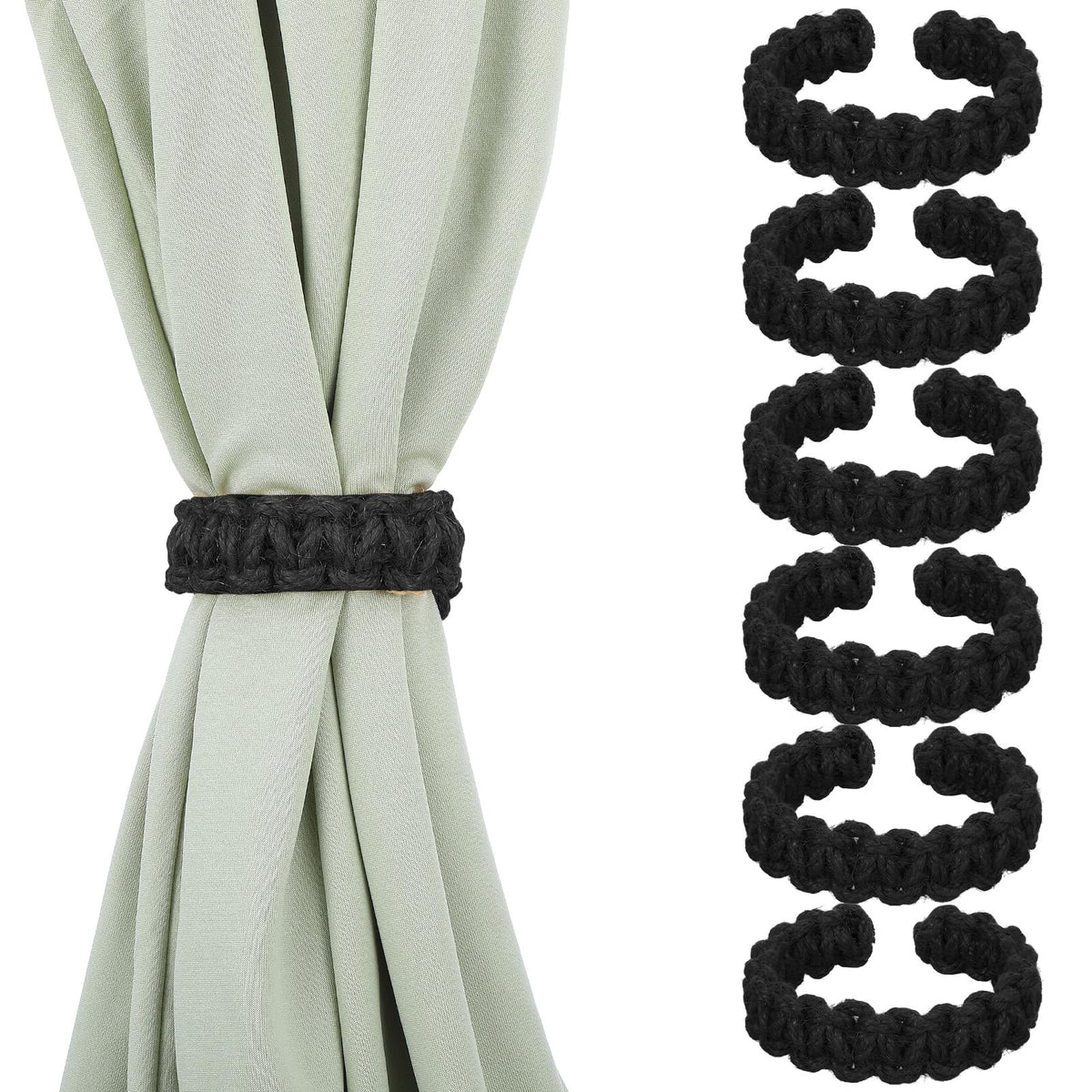 HJZHII 6 Pack Boho Braided Curtain Tiebacks, Elegant Rustic Curtain Holdbacks Tie Backs, Adjustable Curtains Ties Braided Jute Rope Curtains Tiebacks for Home Office Bedroom Window Accessories(Black)