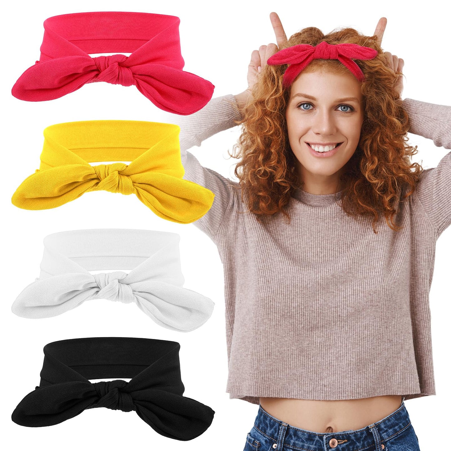 Yuanchu Pack of 4 Women's Headbands, Elastic Bow Hair Band, Vintage Rabbit Ear Headbands, Boho Headband, Rabbit Ears, Hair Accessories for Women, Girls, Yoga, Cosmetics