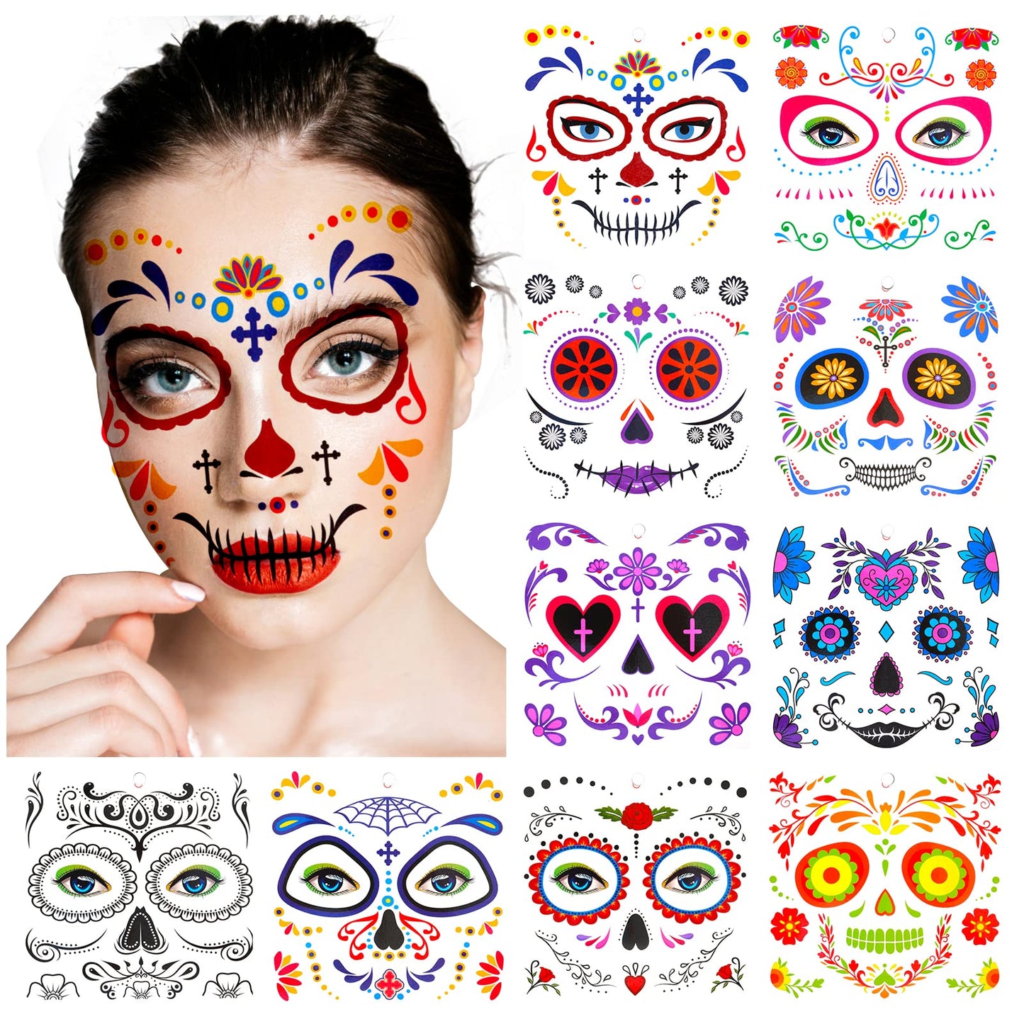 Cobee Halloween Temporary Face Tattoos Makeup Kit, 10 Sheets Floral Day of the Dead Sugar Skull Temporary Face Tattoos Stickers, Waterproof Makeup Tattoo Decals on Face Eye Forehead for Halloween