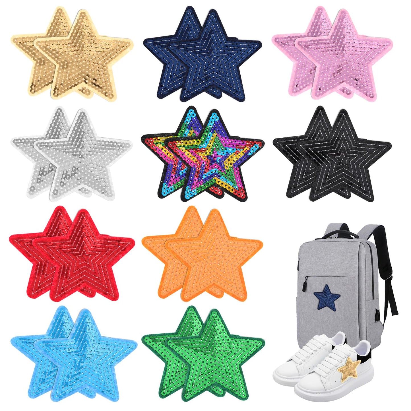 AOZUO 20Pcs Star Iron on Patch, Sequin Colorful Star Patches Glitter Iron On Star Embroidered Patch Adhesive Applique Hot Glue Stars Patches Repair Patch for Hats Clothing Jackets Backpacks (Large)