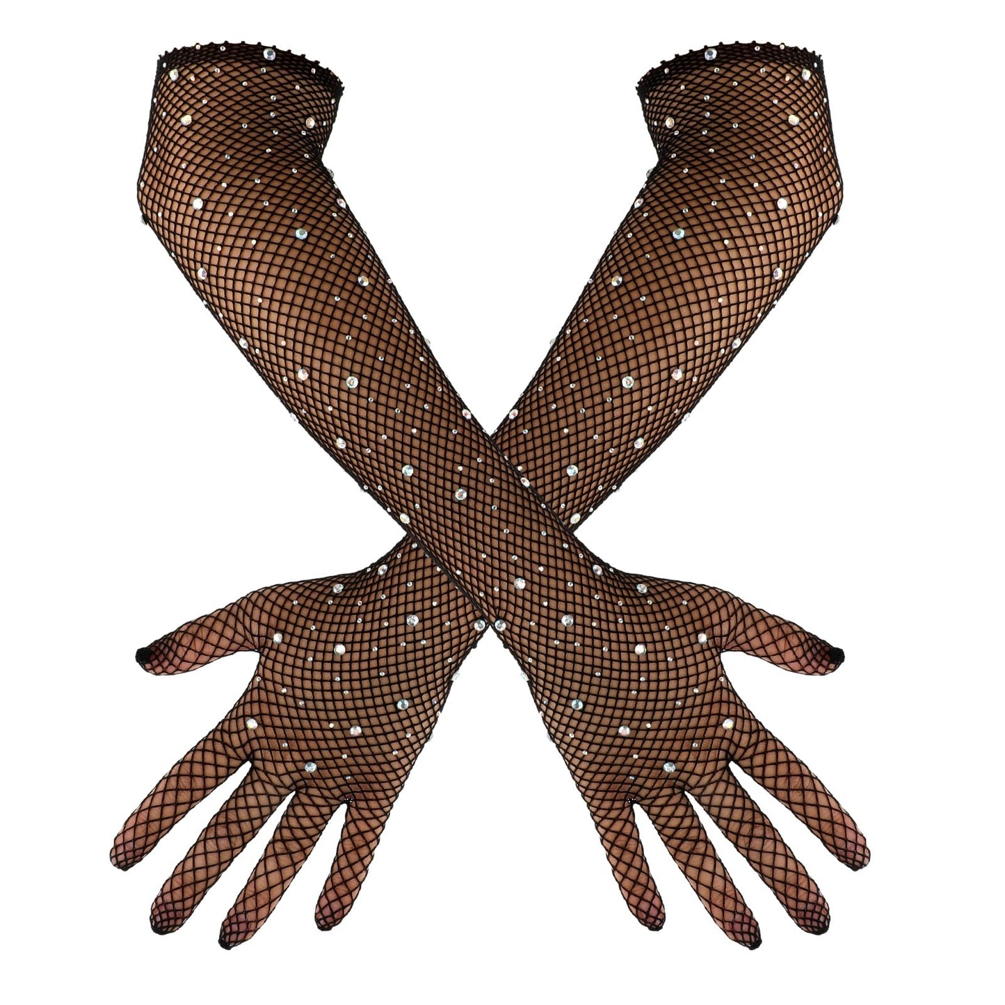 simarro Women's Rhinestone Fishnet Long Gloves, Bling Gown Gloves Mesh Arm Sleeves Opera Gloves Banquet Party Lace Gloves for Costumes Accessories(Black)