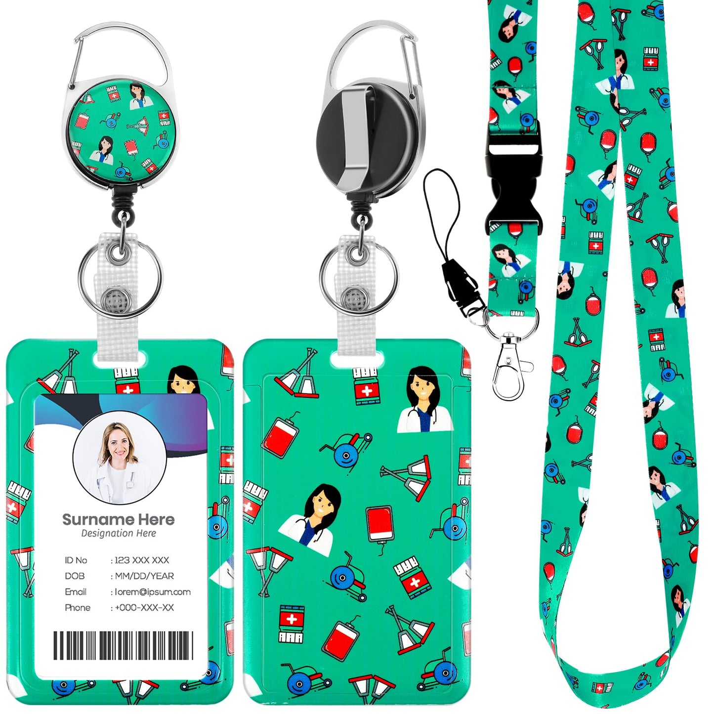 Amabro Nurse Print Badge Holder with Detachable Lanyard, Retractable Badge Reel Clip with Breakaway Lanyard Plastic ID Card Holder Vertical Card Protector Keychain Name Card ID Sleeve(Style C)