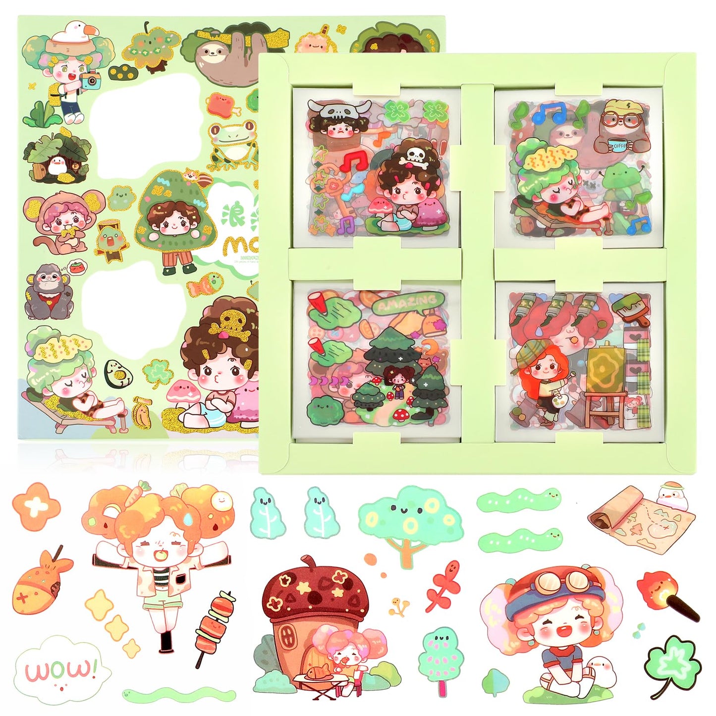 Amabro 100PCS Cute Cartoon Sticker, Kawaii Transparent Stickers PET Waterproof Water Bottle Sticker Decorative Self-Adhesive Decal for Scrapbooking DIY Skateboard Luggage Phone(Romantic Rainforest)